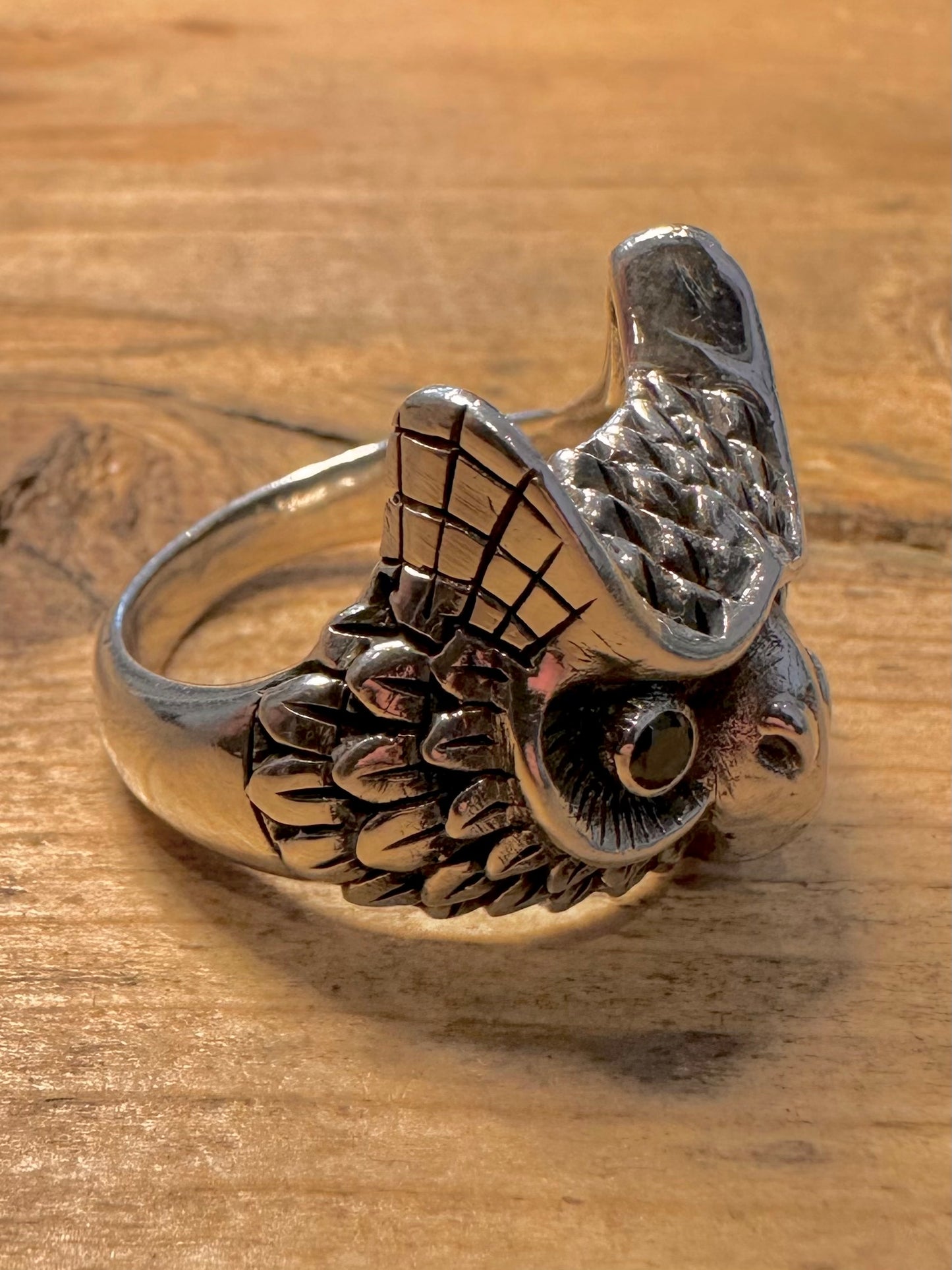Vintage Owl Head Black Eyes 925 Silver Size Y Ring