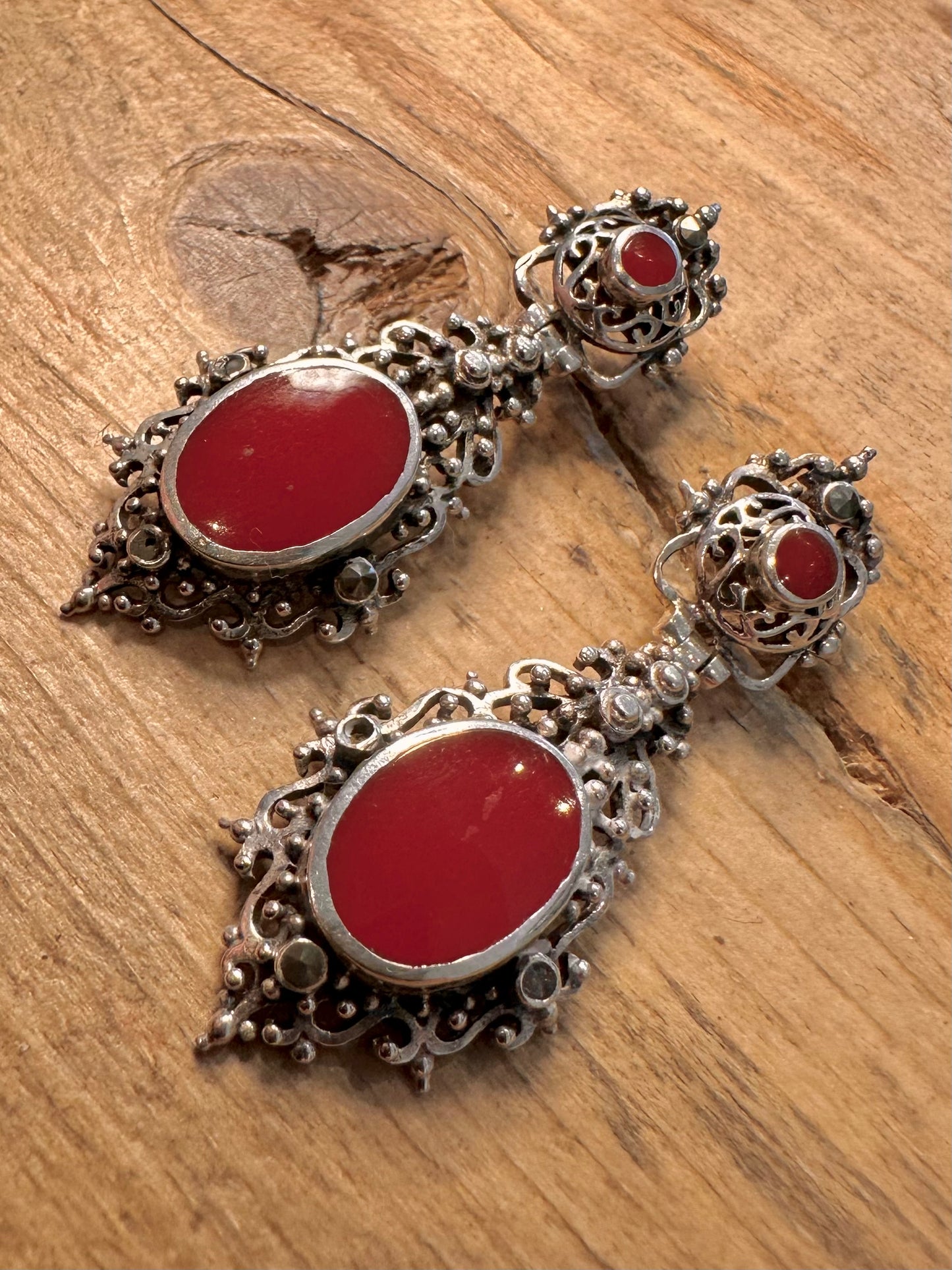 Vintage Ornate Carnelian 925 Silver Earrings