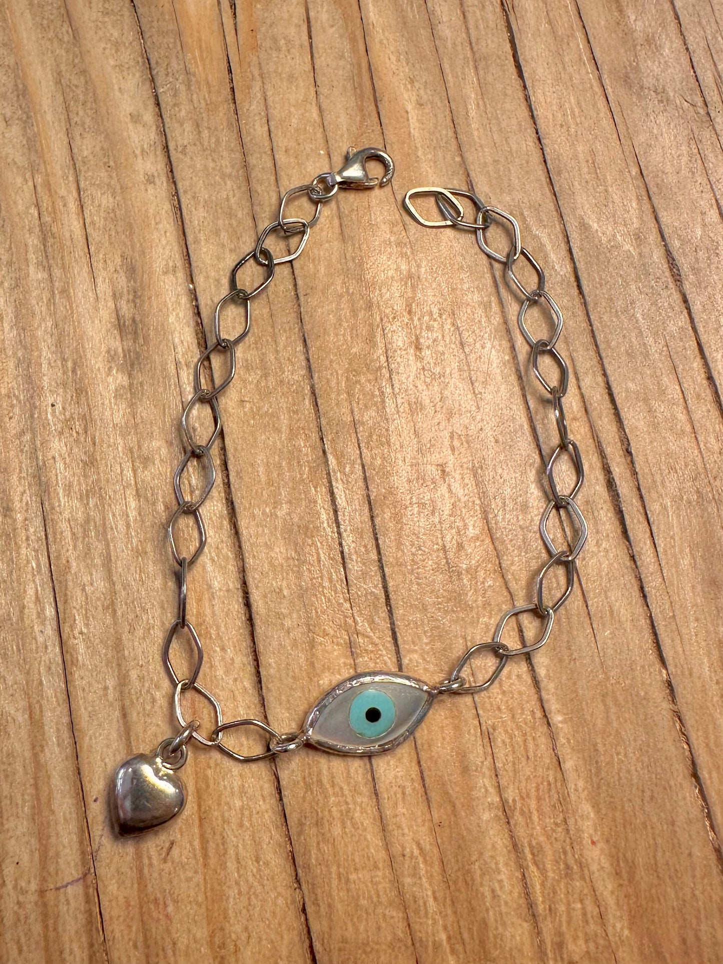 Vintage Unique Chain Evil Eye and Heart Charm 925 Sterling Silver 7.5 inch Bracelet