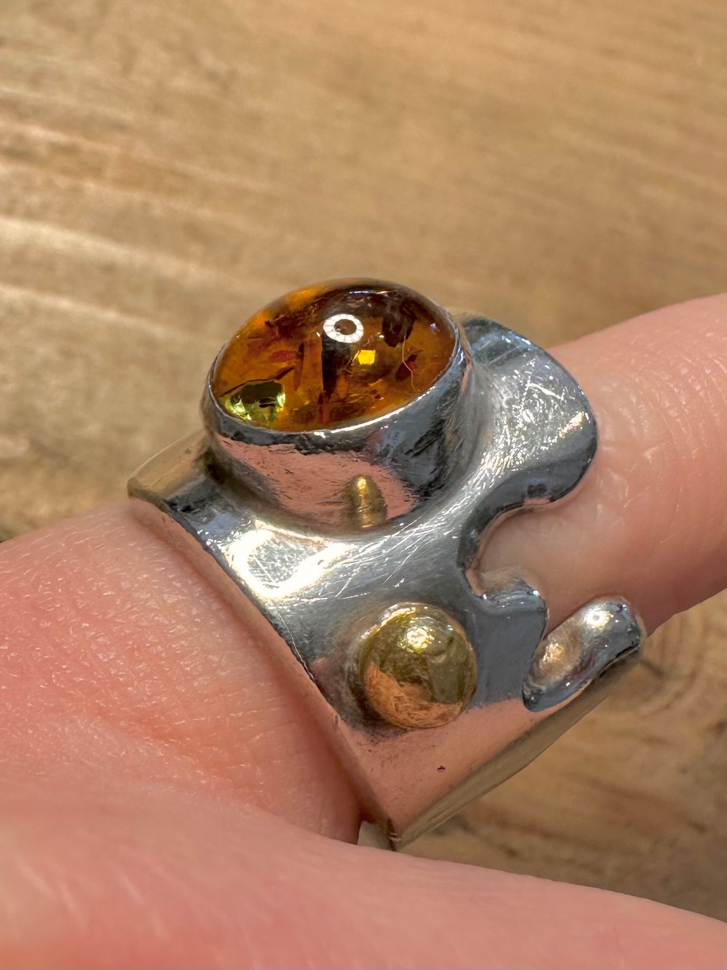 Modernist Abstract Chunky Amber Gold Ball 925 Silver Size N1/2 Ring