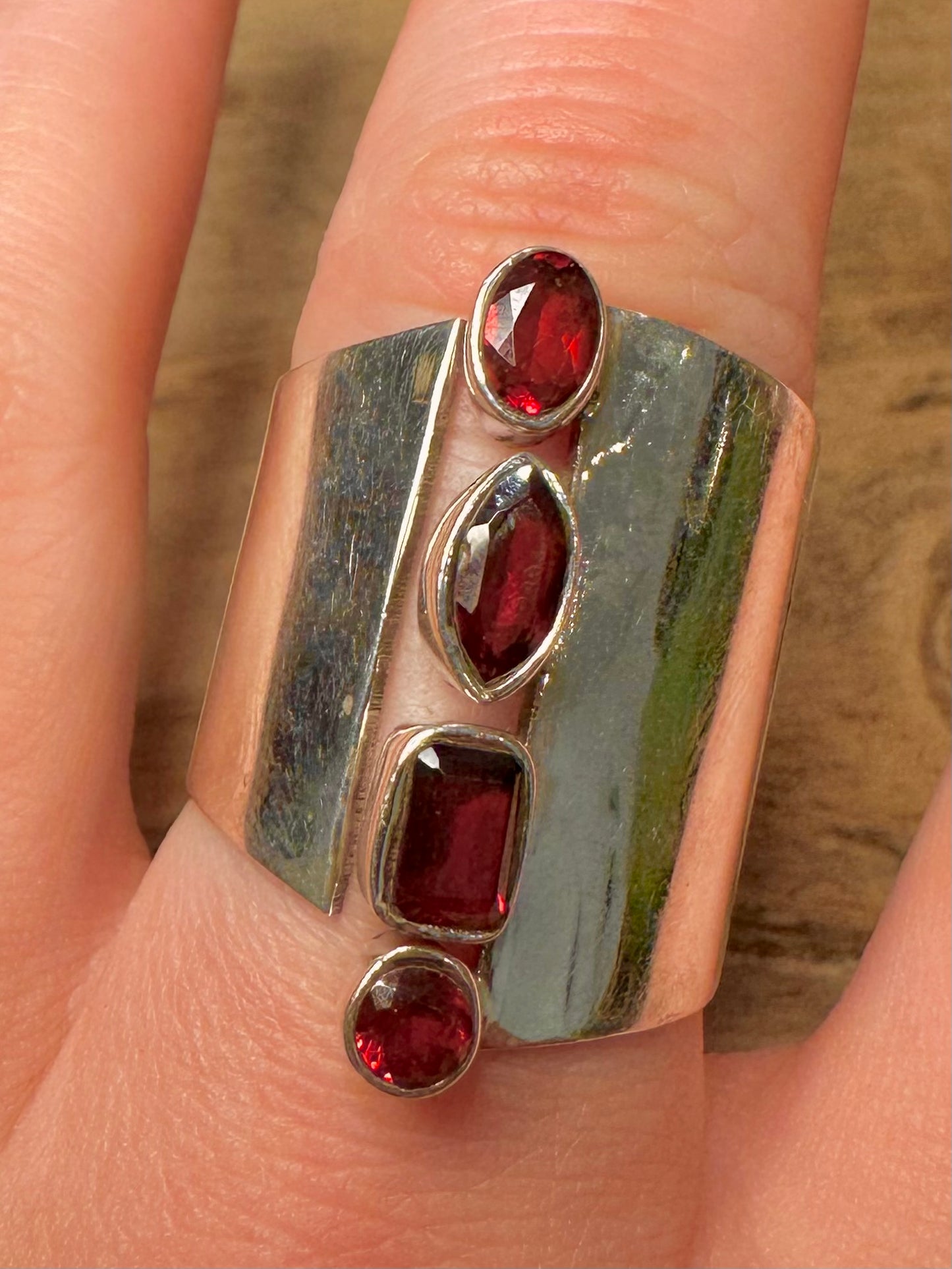 Abstract Garnet Long 925 Silver Size T Ring