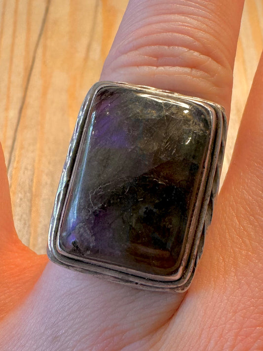 Vintage Labradorite Rectangle 925 Sterling Silver Size Q1/2 Ring