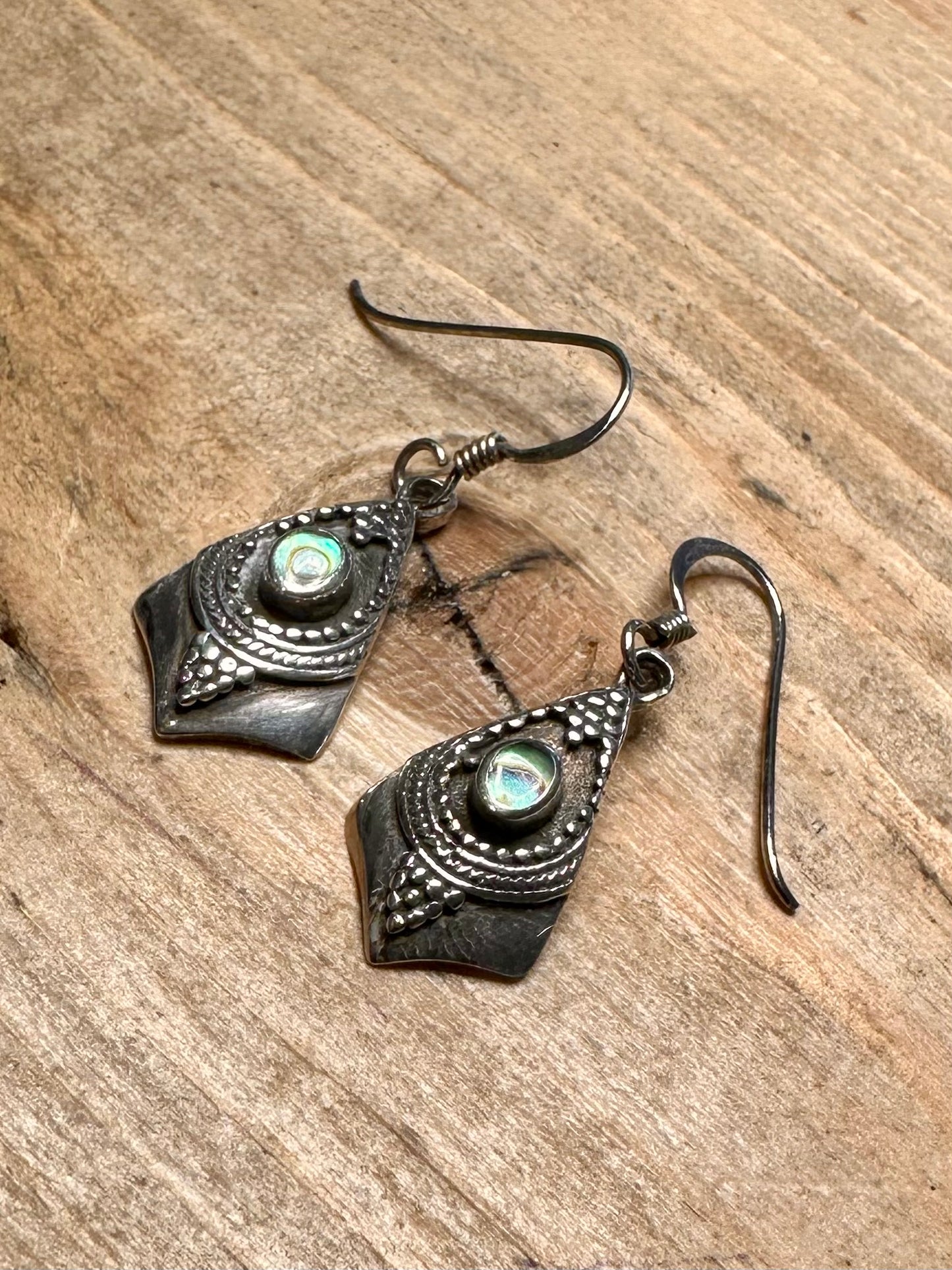 Vintage Abalone Dangle Ornate 925 Silver Earrings
