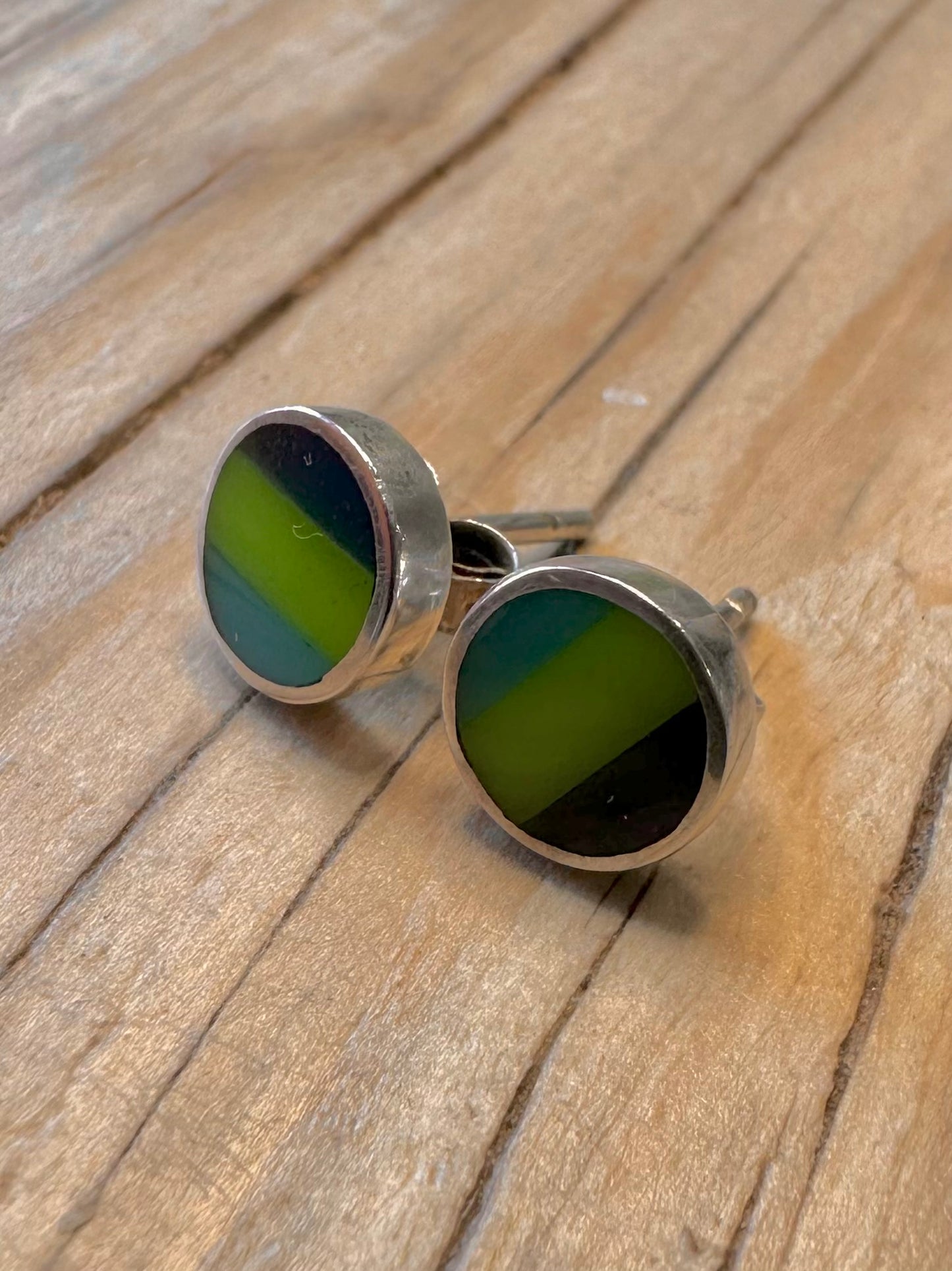 Abstract Blue Black Green Stud 925 Silver Earrings