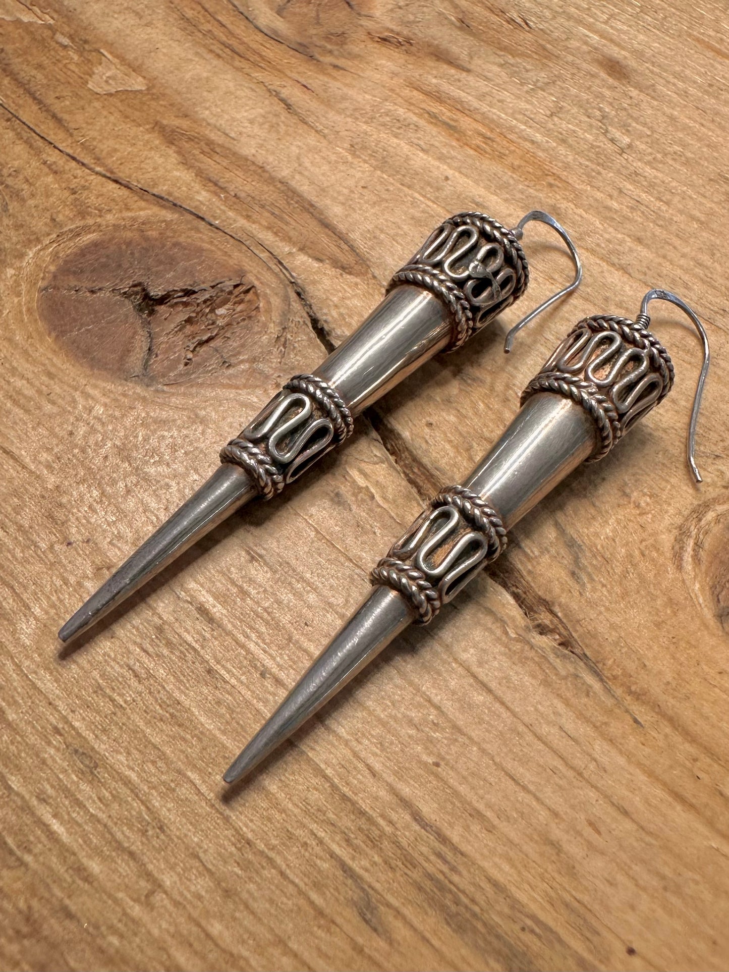 Vintage Tribal Spike Long 925 Silver Earrings