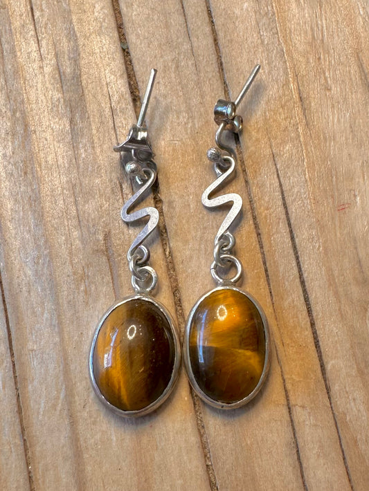 Vintage Zig Zag Tigers Eye 925 Silver Earrings