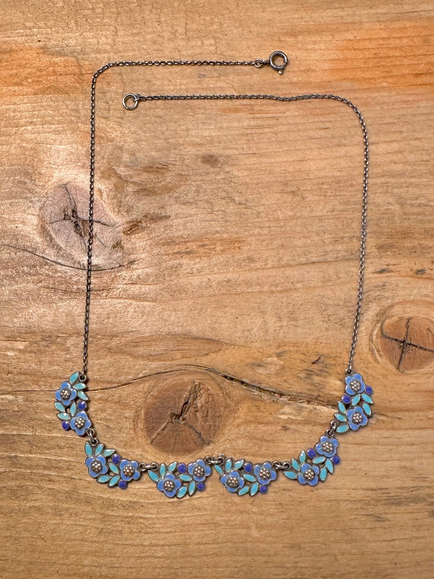 Vintage Stunning Blue Enamel Flower 925 Silver 16 inch Necklace