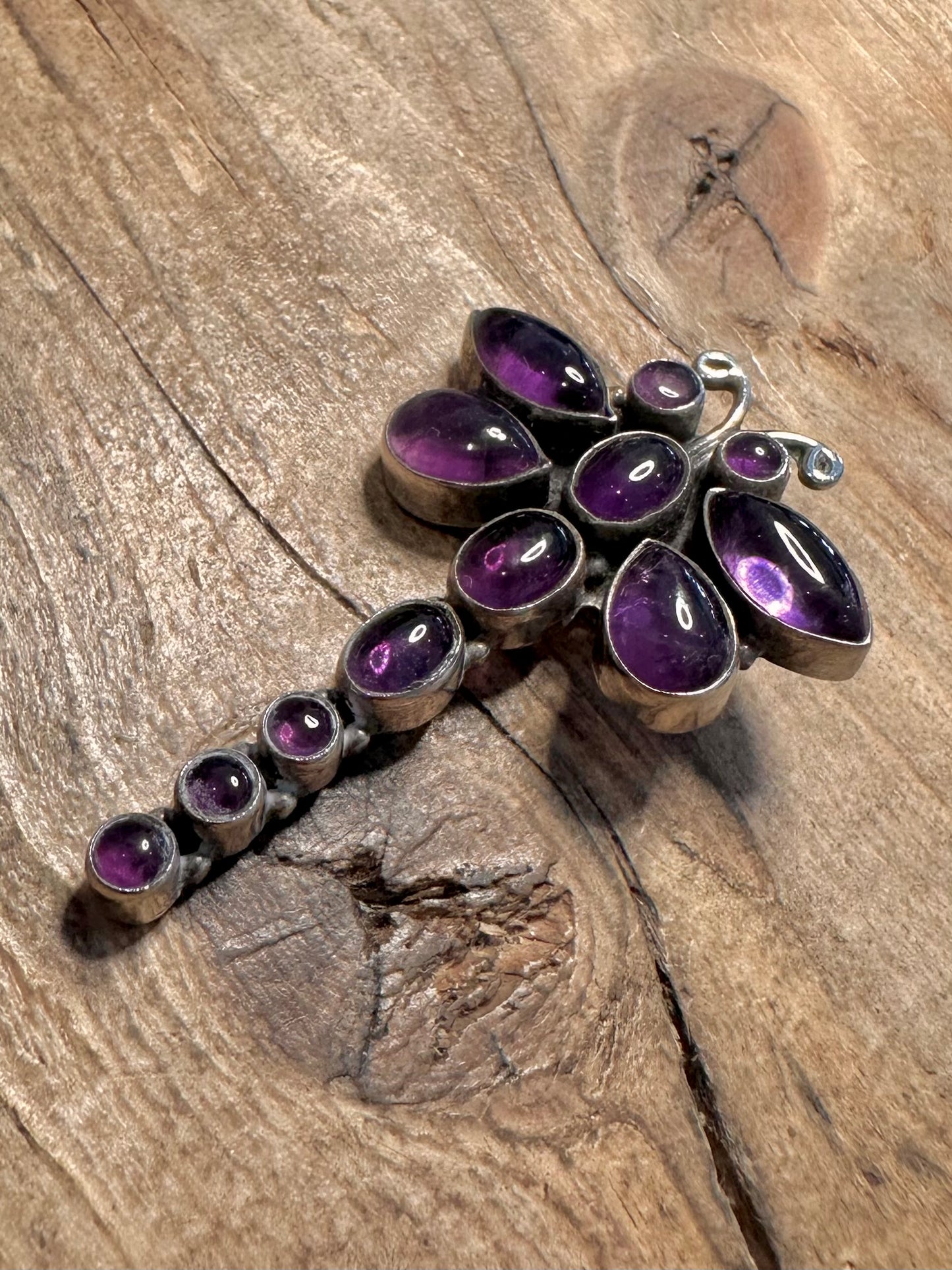 Vintage Amethyst Dragonfly 925 Silver Pendant