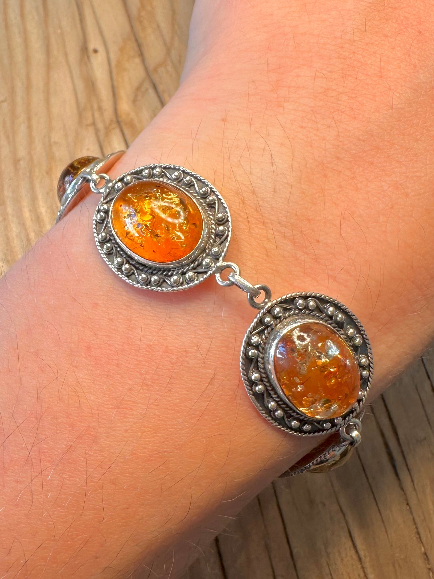 Vintage Ornate Amber Style 925 Silver 7 to 7.8 inch Bracelet