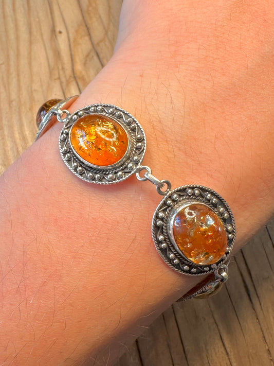 Vintage Ornate Amber Style 925 Silver 7 to 7.8 inch Bracelet