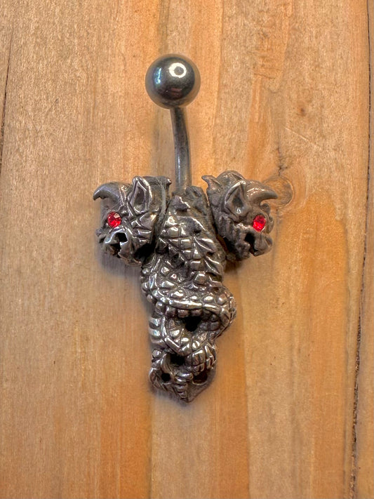 Vintage Two Headed Dragon Red Eye 925 Sterling Silver Belly Bar Body Jewellery