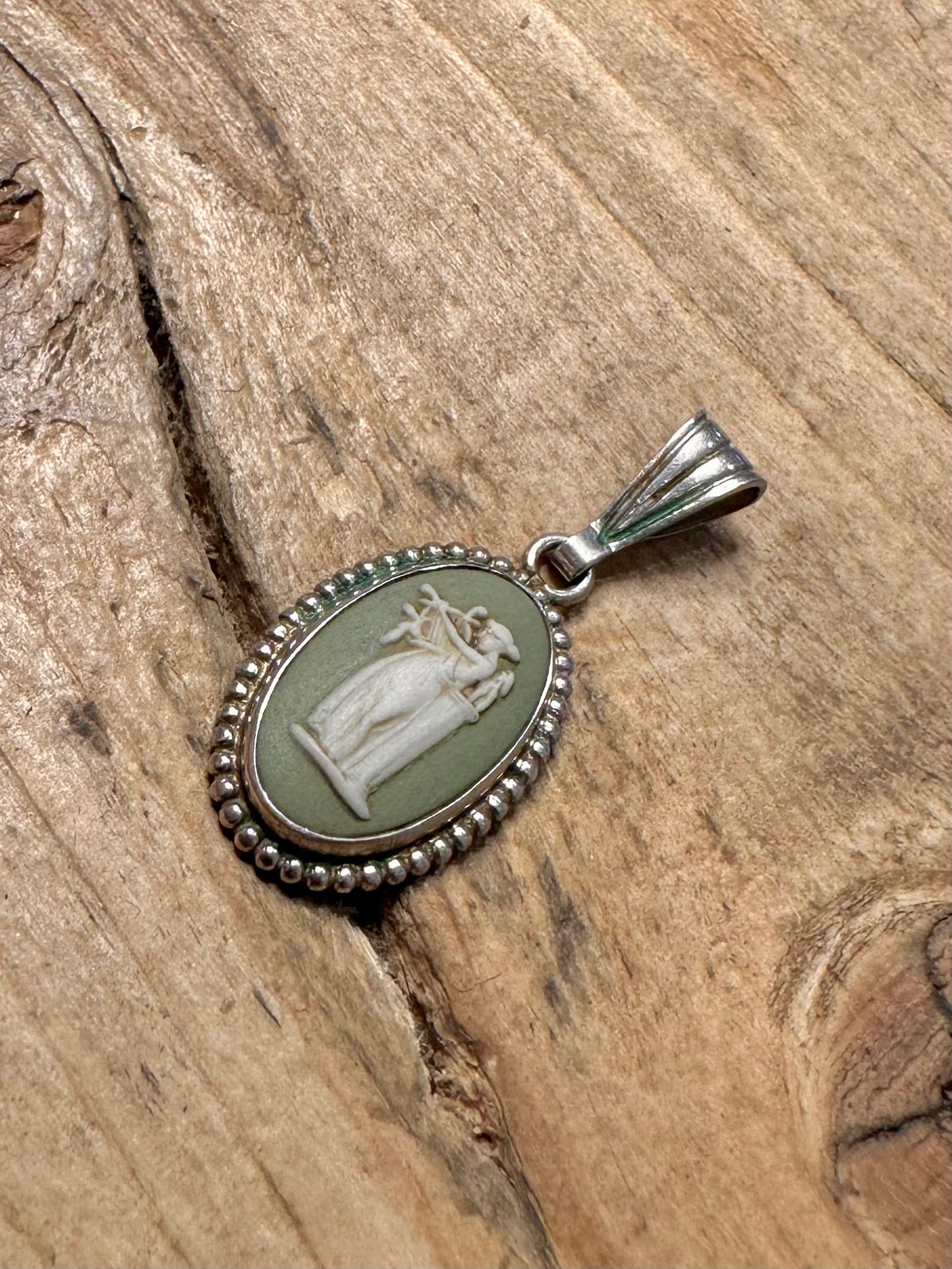 Vintage Green Cameo JW Maker 925 Silver Pendant