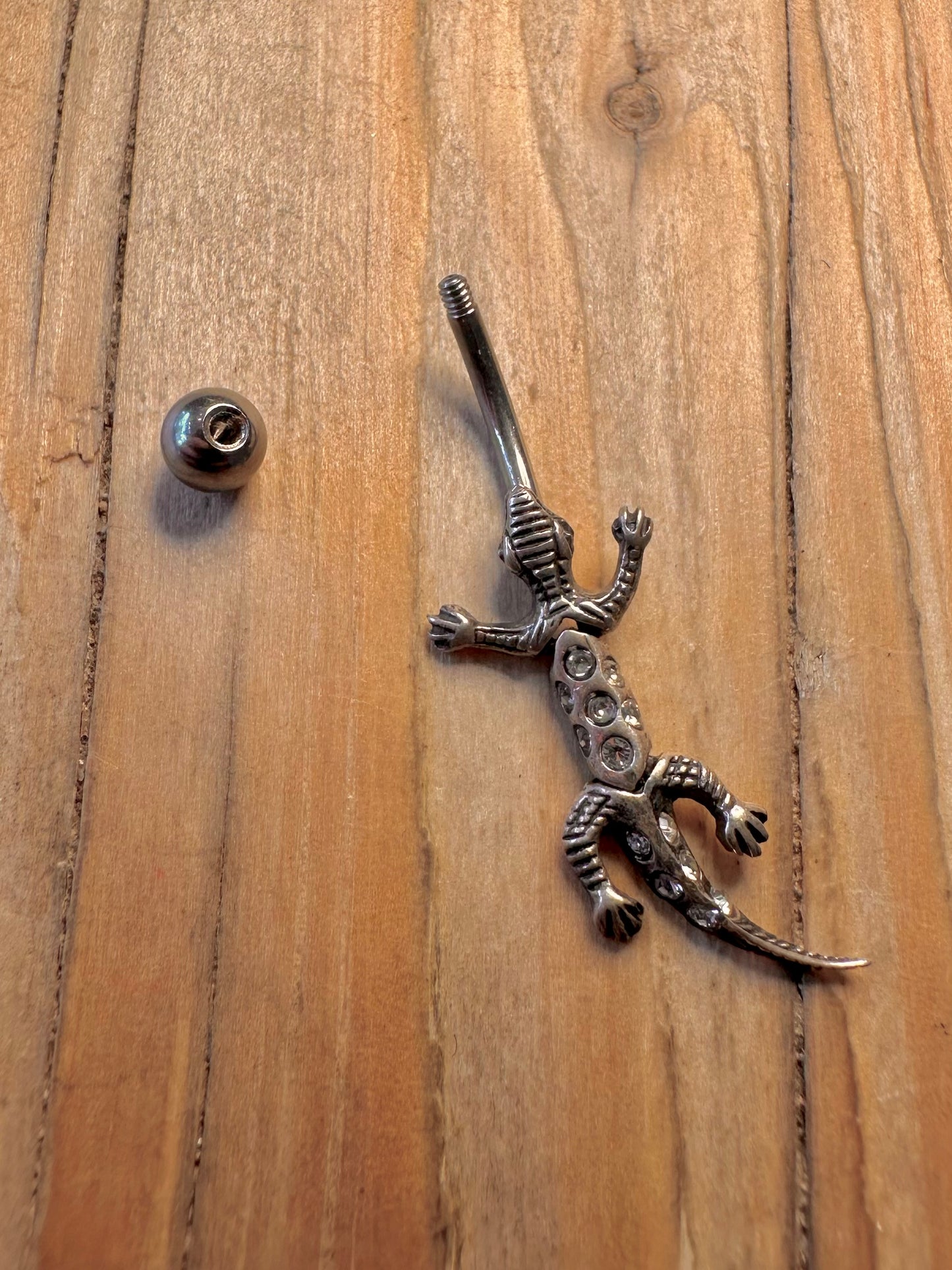 Vintage Moving Lizard White Stones 925 Sterling Silver Belly Bar Body Jewellery