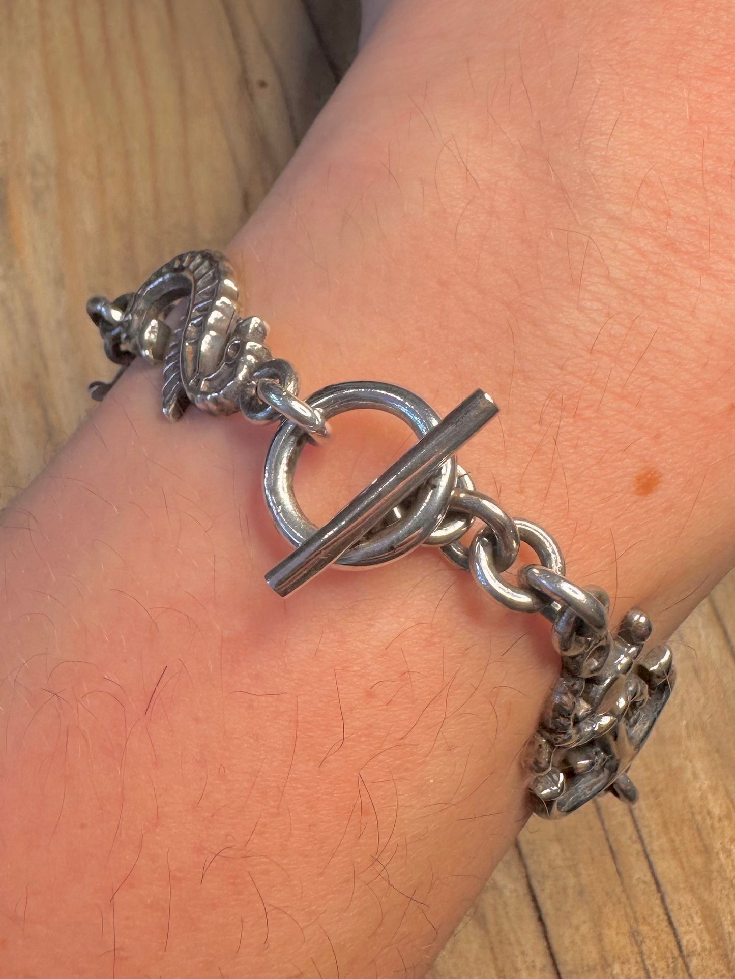 Vintage Nautical Chain Starfish Seahorse Anchor 925 Silver Egyptian 8 inch Bracelet