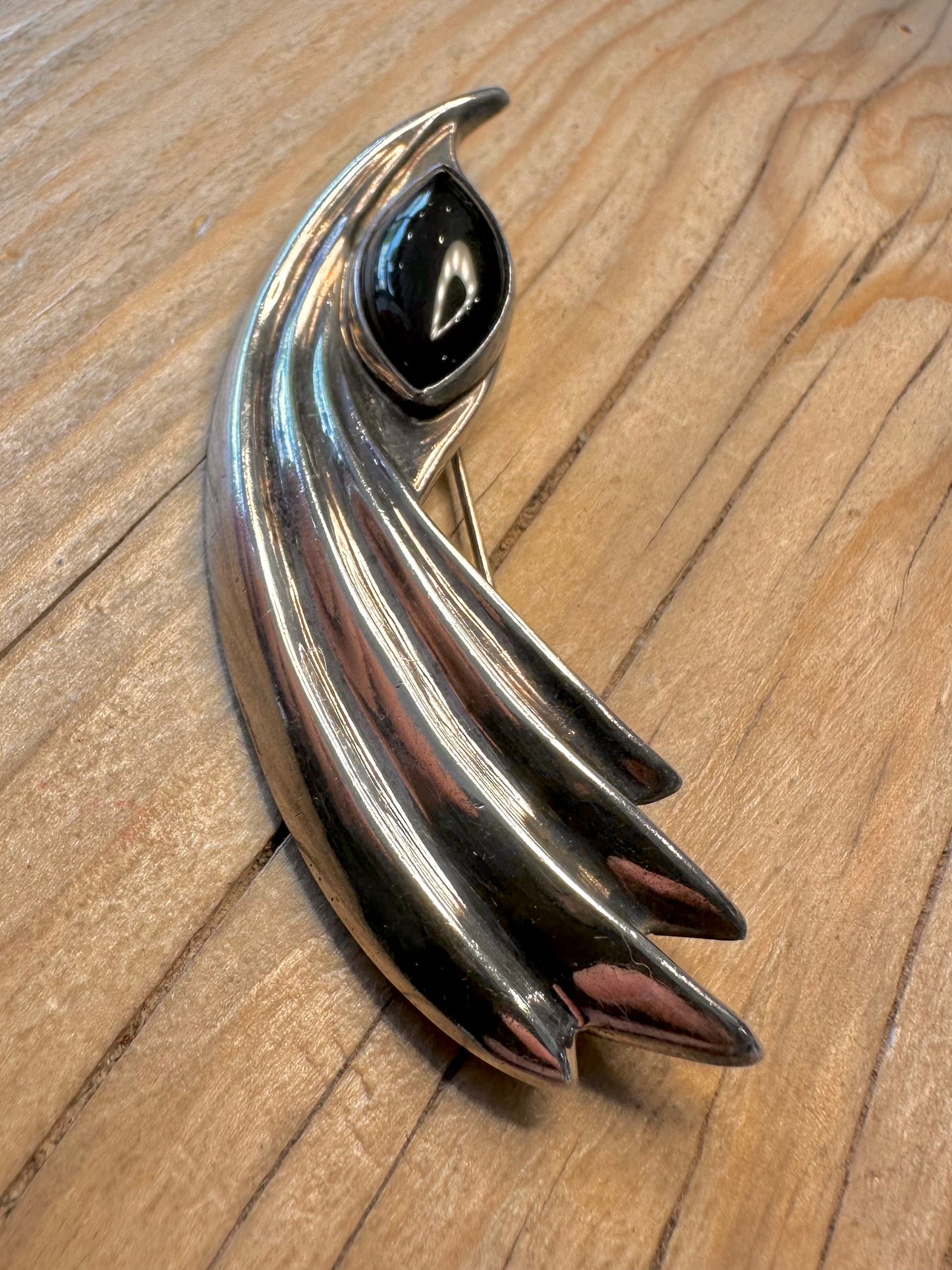 Vintage Art Deco Onyx 925 Sterling Silver Brooch