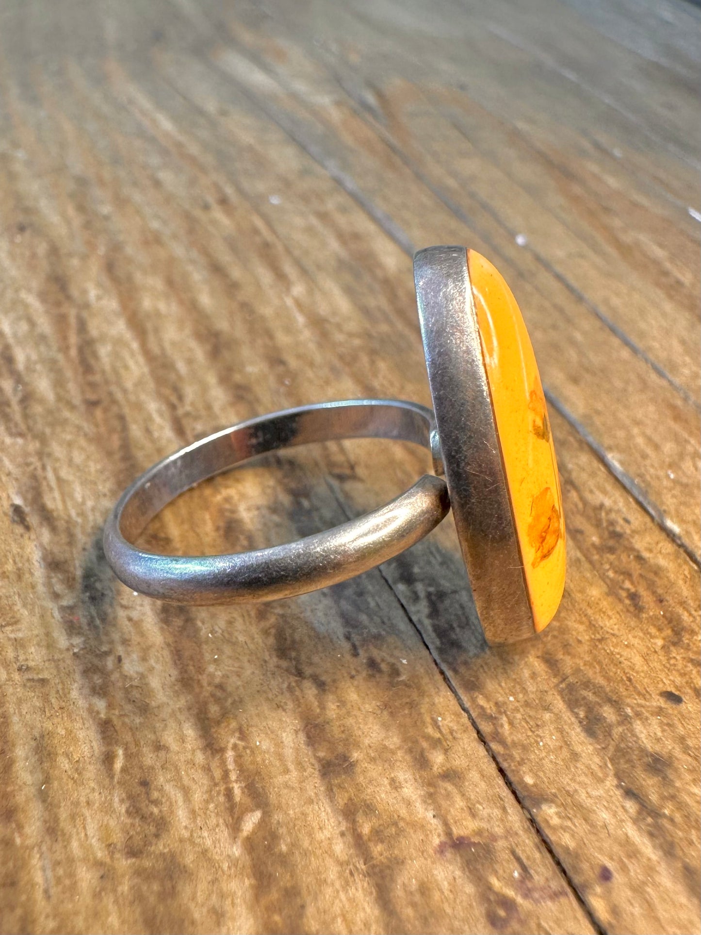 Yellow Oval Flower Painted Silver Size Q1/2 Ring