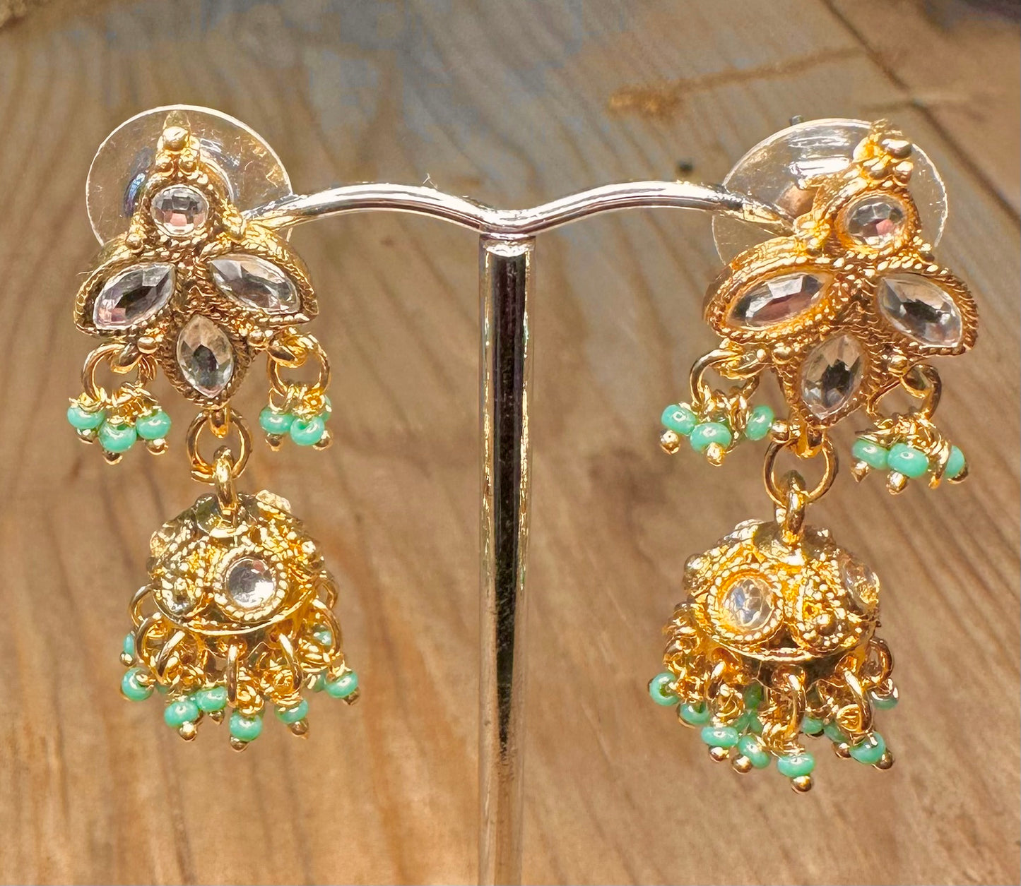 Vintage Indian Jhumka Blue Beads Gold Toned Costume Earrings
