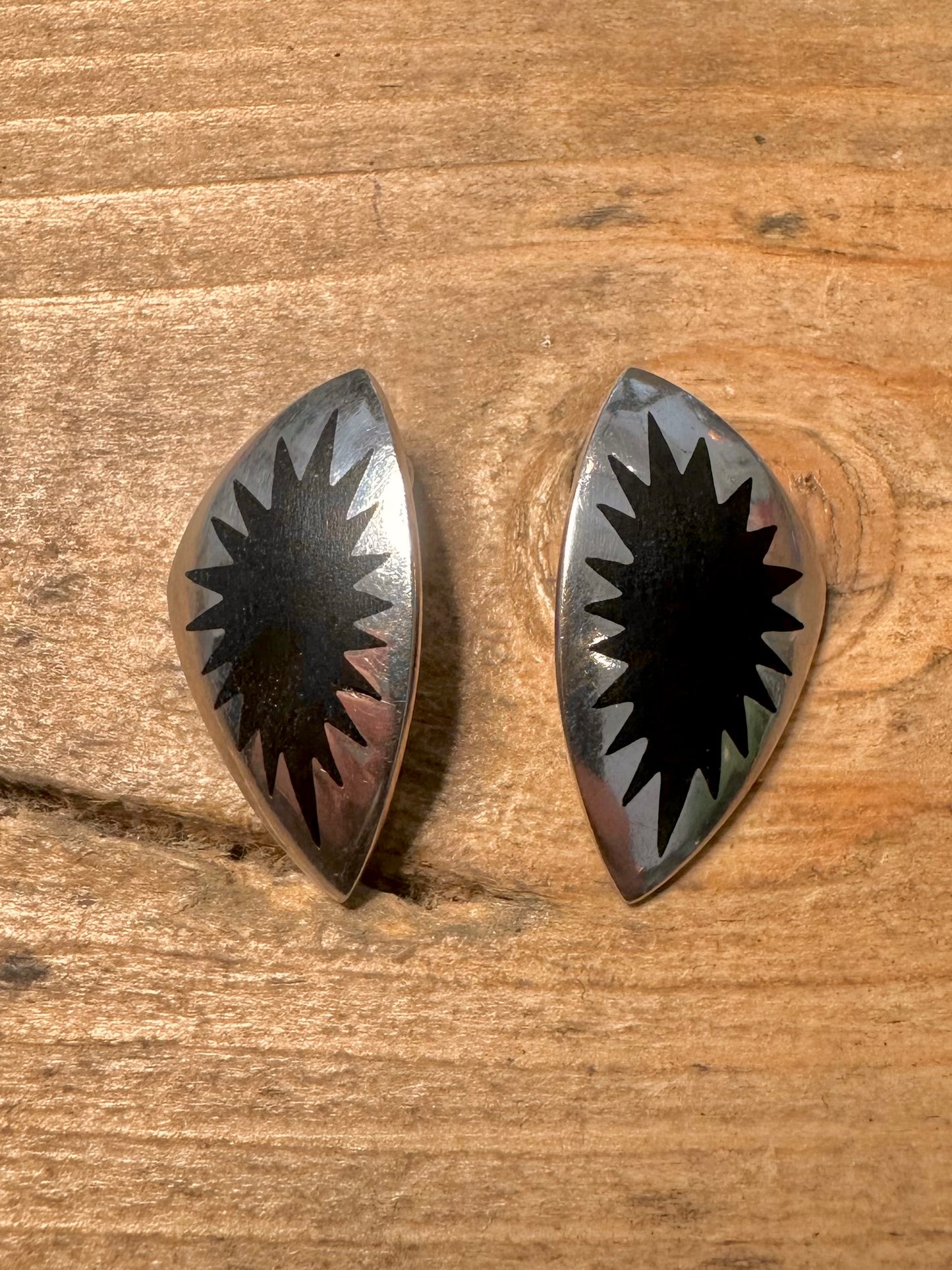 Vintage Black Spike Shaped 925 Silver Clip On Earrings