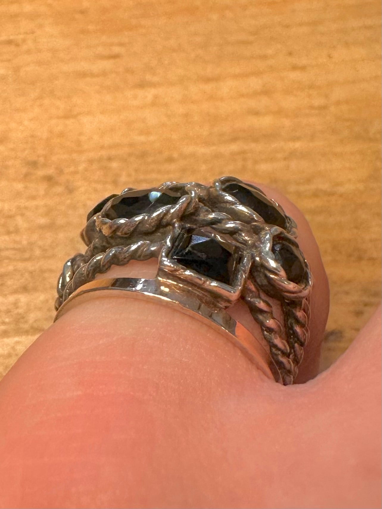 Vintage Black Stone Twisted Layer Gold and 925 Silver Size M1/2 Ring