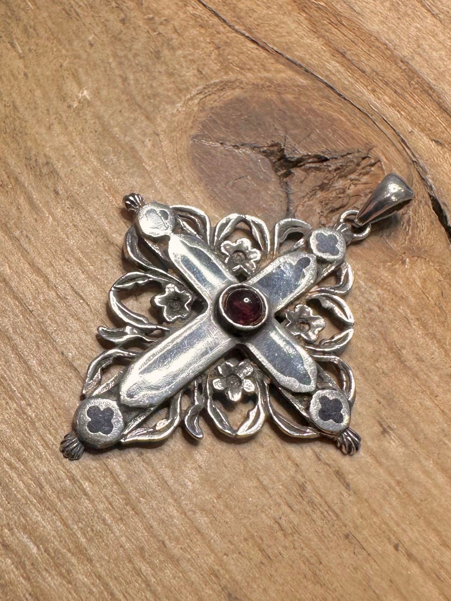 Vintage Garnet Cross 925 Silver Pendant