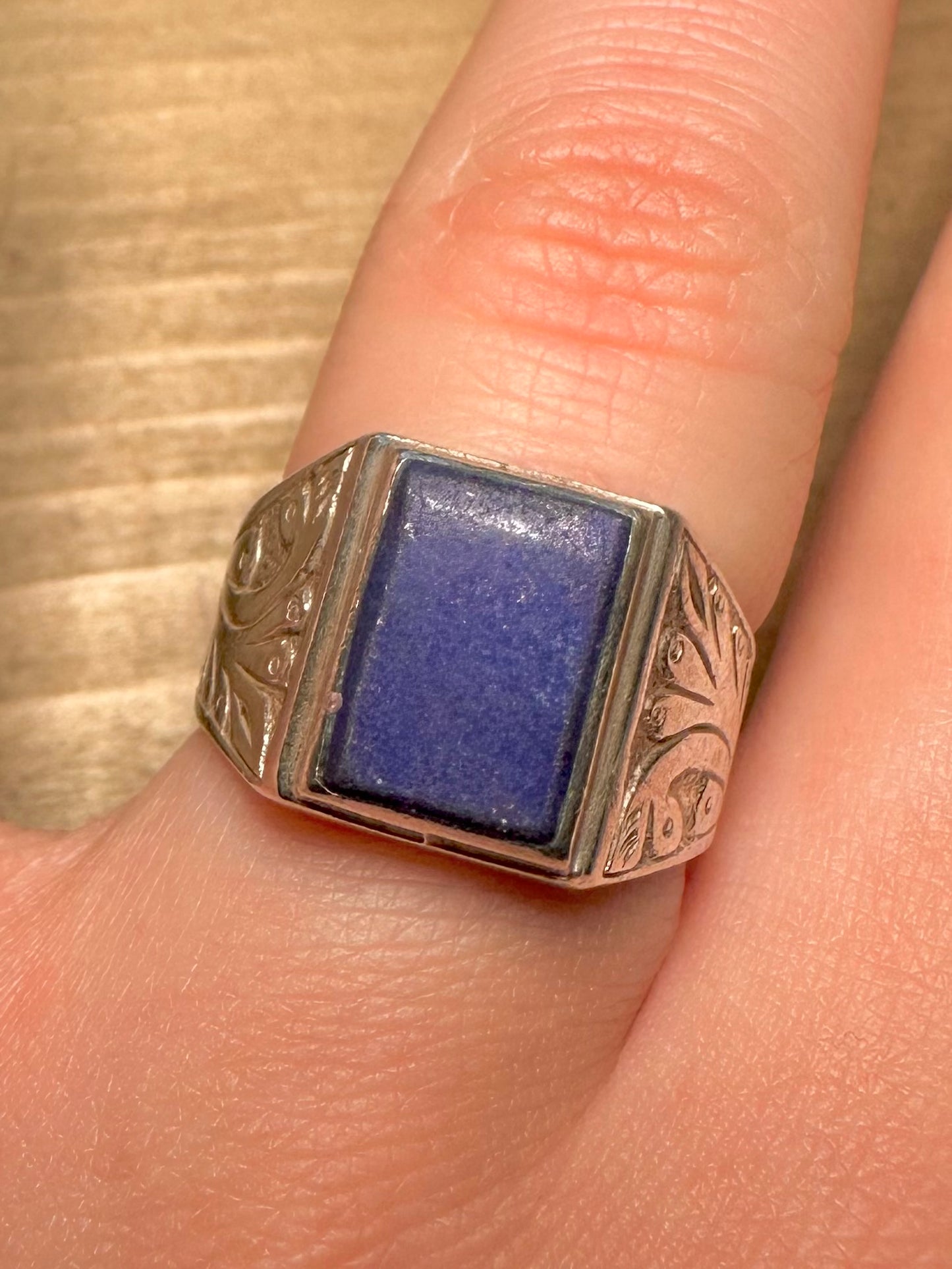 Vintage Lapis Signet Engraved 925 Silver Size Q Ring
