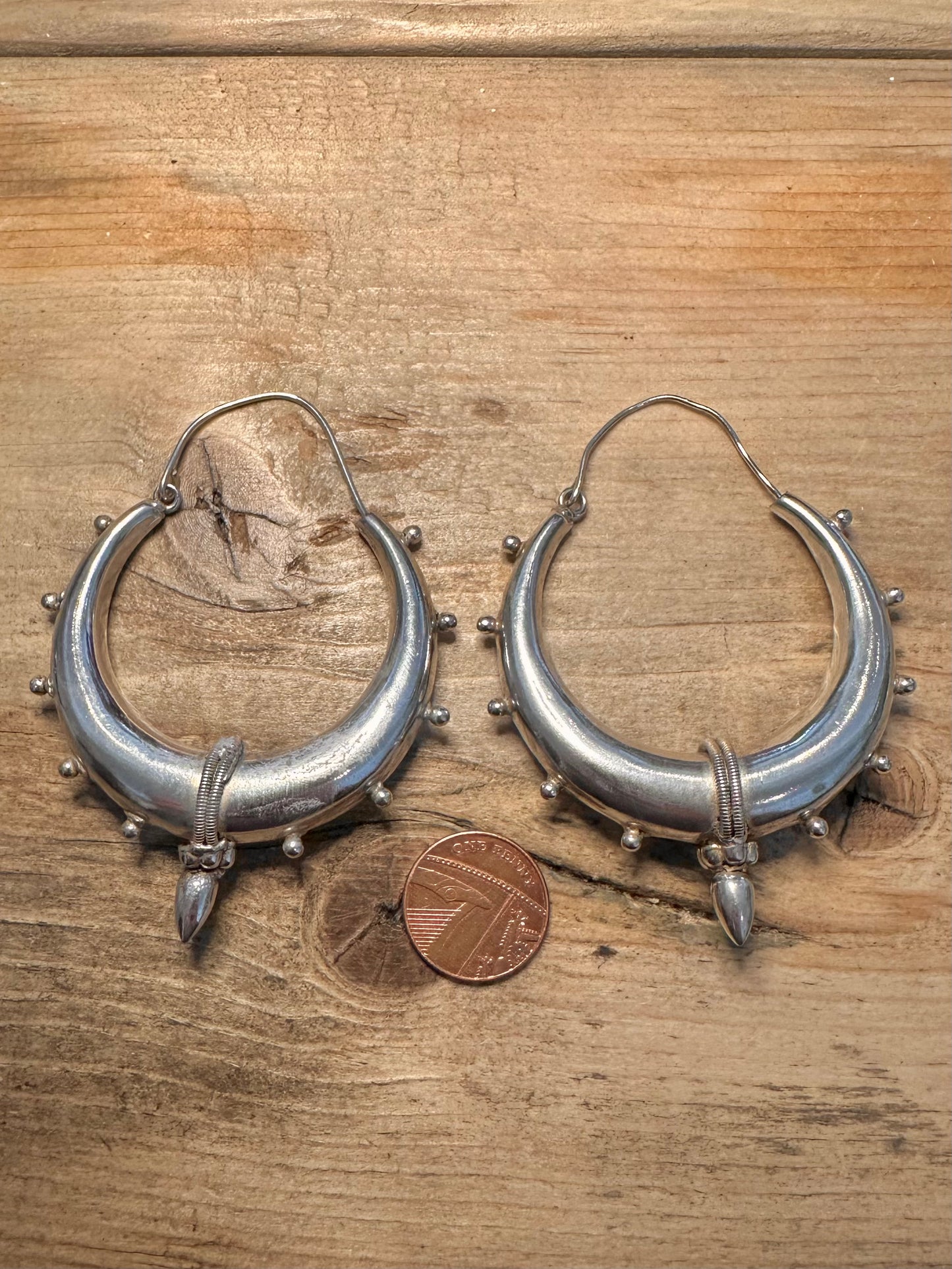 Vintage Chunky Tribal Spiky 925 Silver Hoop Earrings