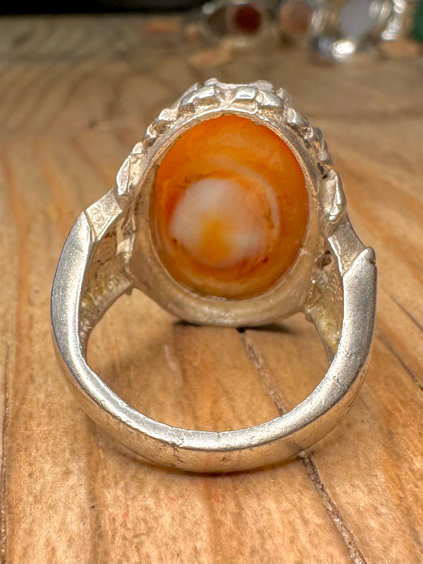 Vintage Orange Agate Oval Ornate 925 Sterling Silver Size Q Ring