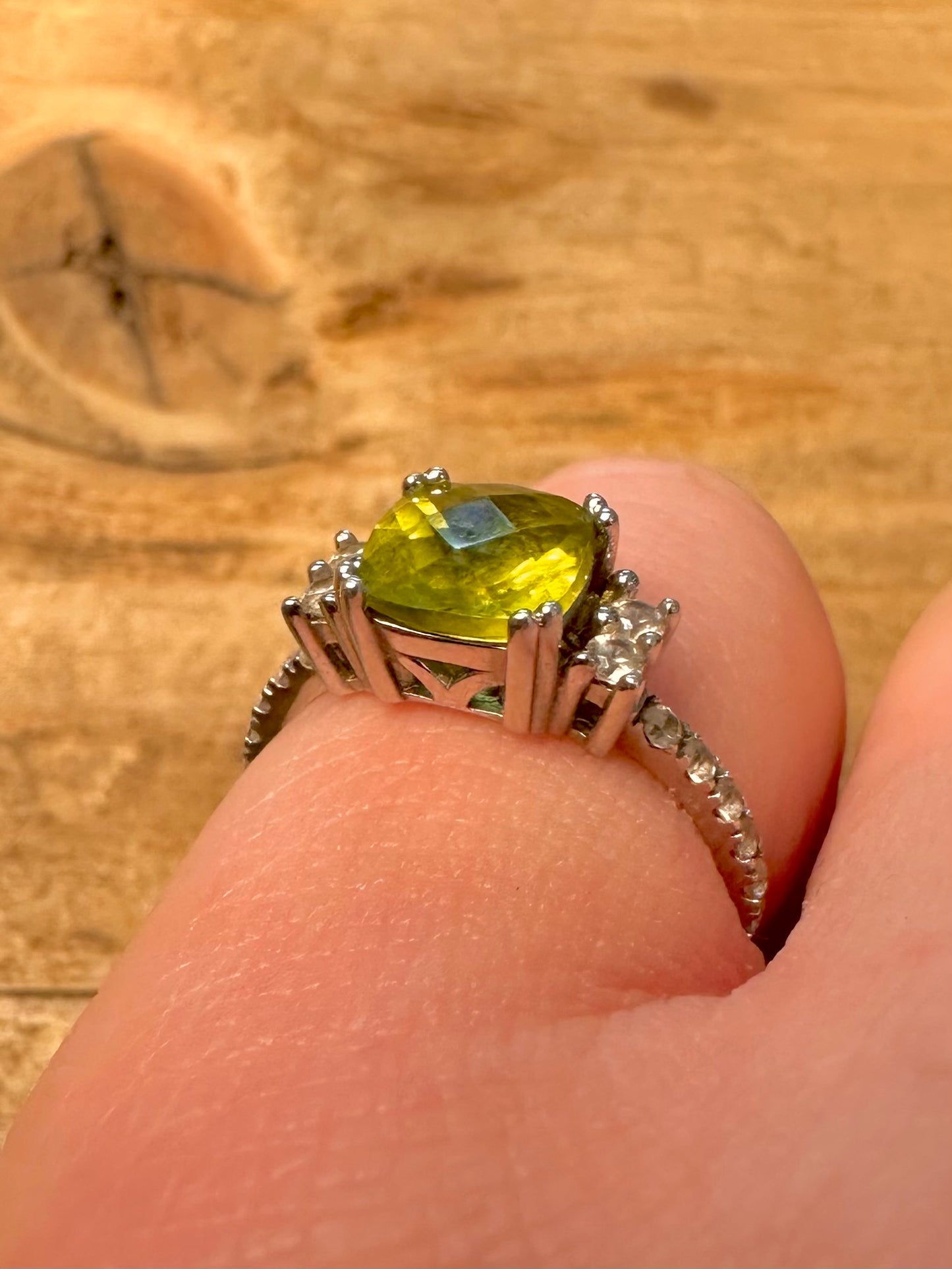Modernist Peridot and CZ D’Joy 925 Silver Size N Ring