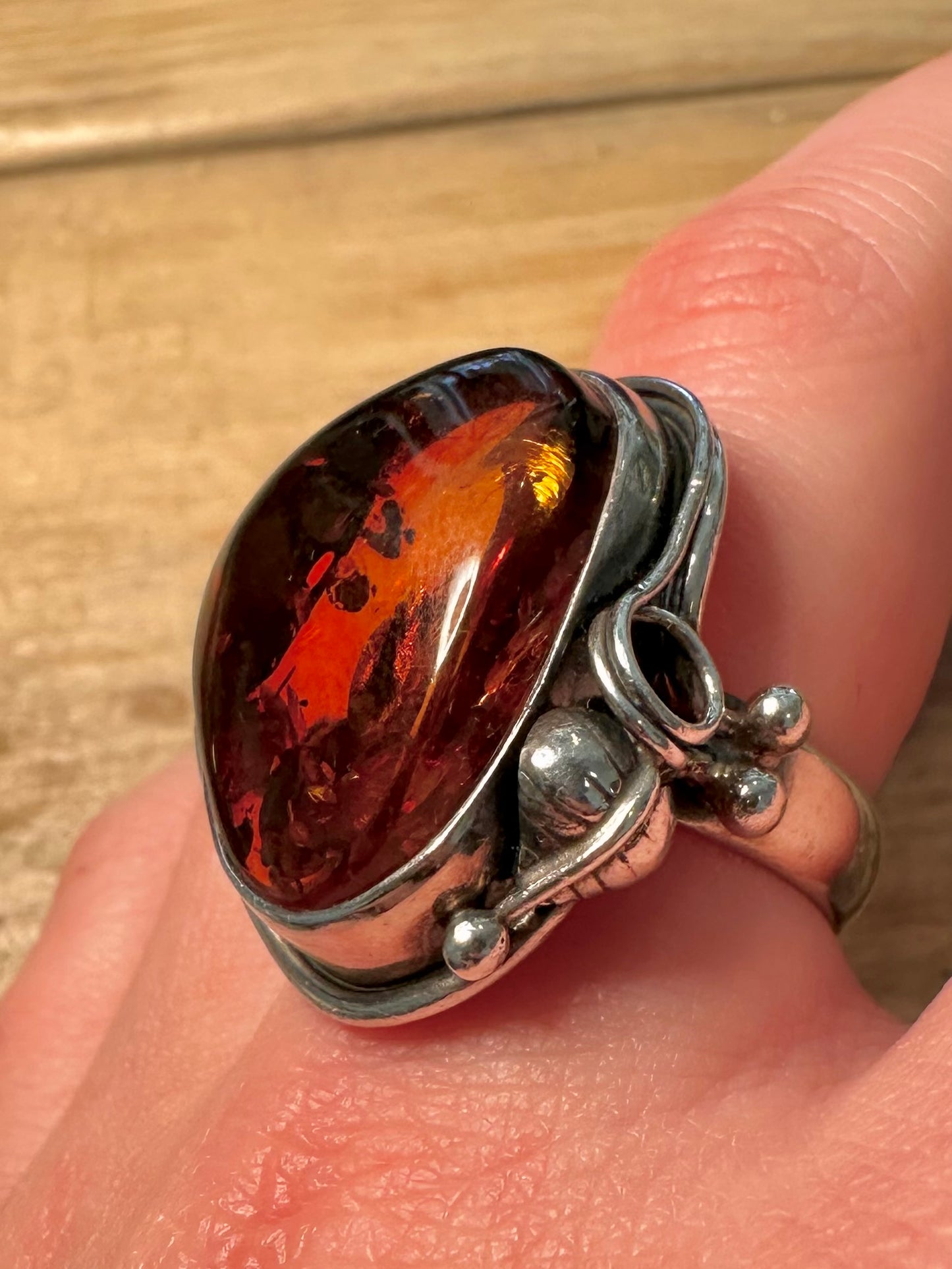 Abstract Chunky Amber 925 Silver Size T Ring