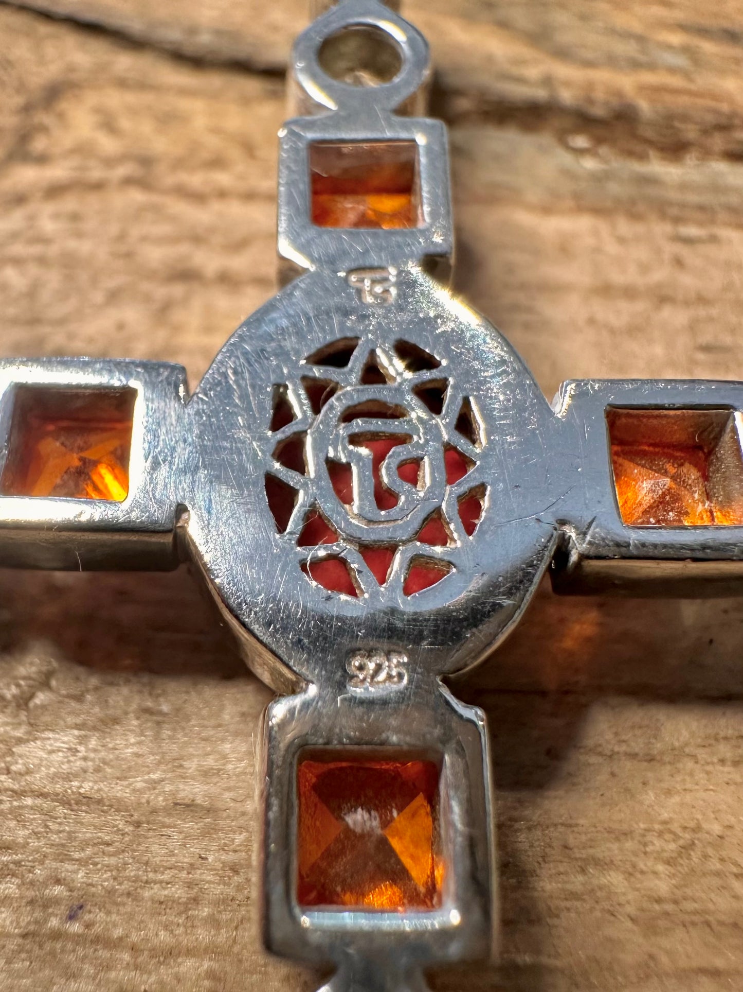 Modern Coral Orange and White CZ Cross 925 Silver Pendant