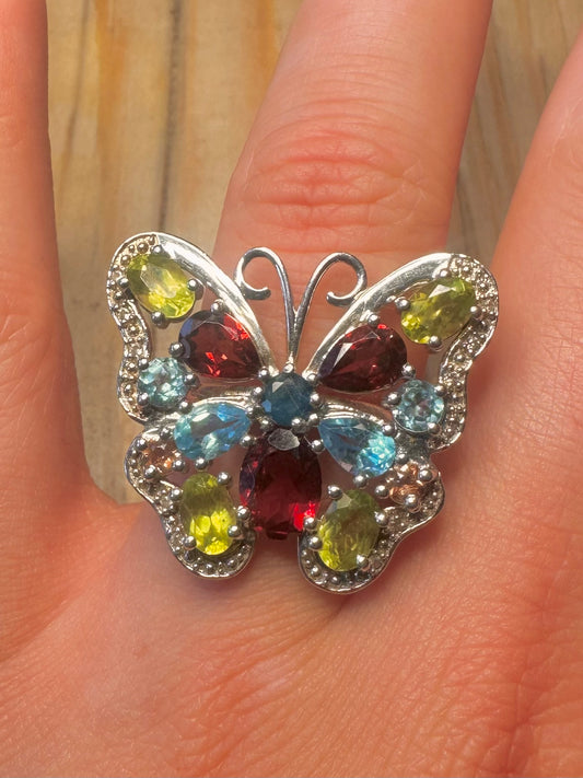 Modernist Multi Gemstone Butterfly 925 Silver Size R1/2 Ring