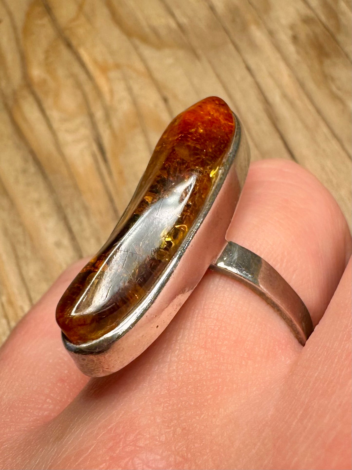 Vintage Elongated Amber 925 Sterling Silver Size P Adjustable Ring
