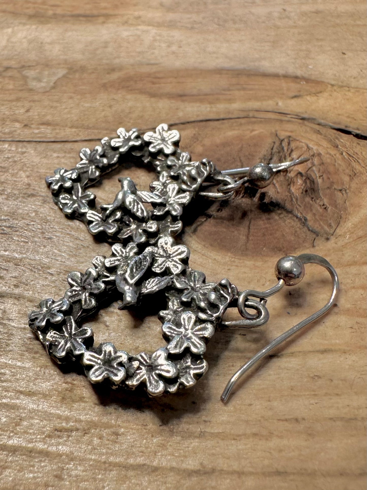 Vintage Floral and Bird 925 Silver Earrings
