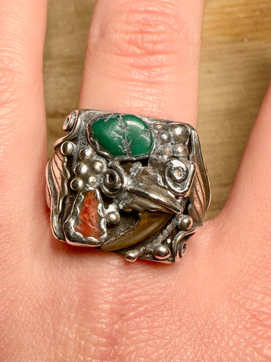 Vintage Native American Raw Turquoise Coral and Bear Claw 925 Sterling Silver Size Z Ring