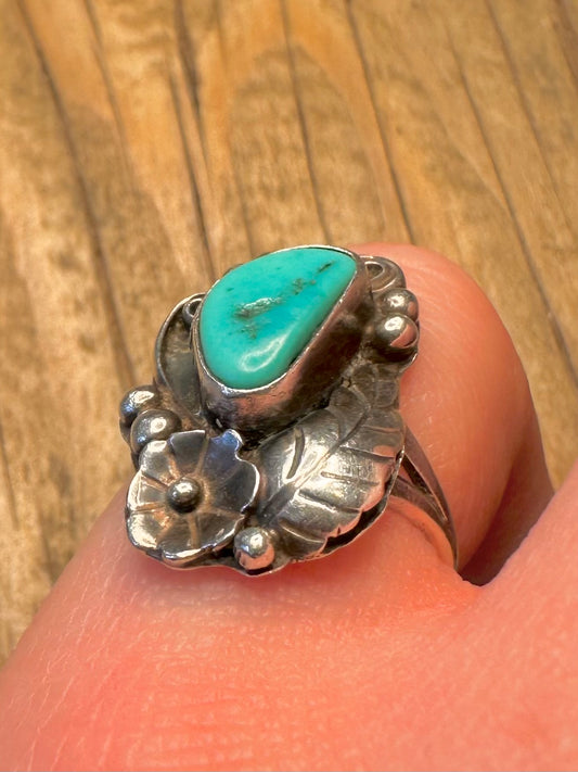 Vintage Navajo Floral Turquoise Maker Roy B Platero 925 Sterling Silver Size M Ring