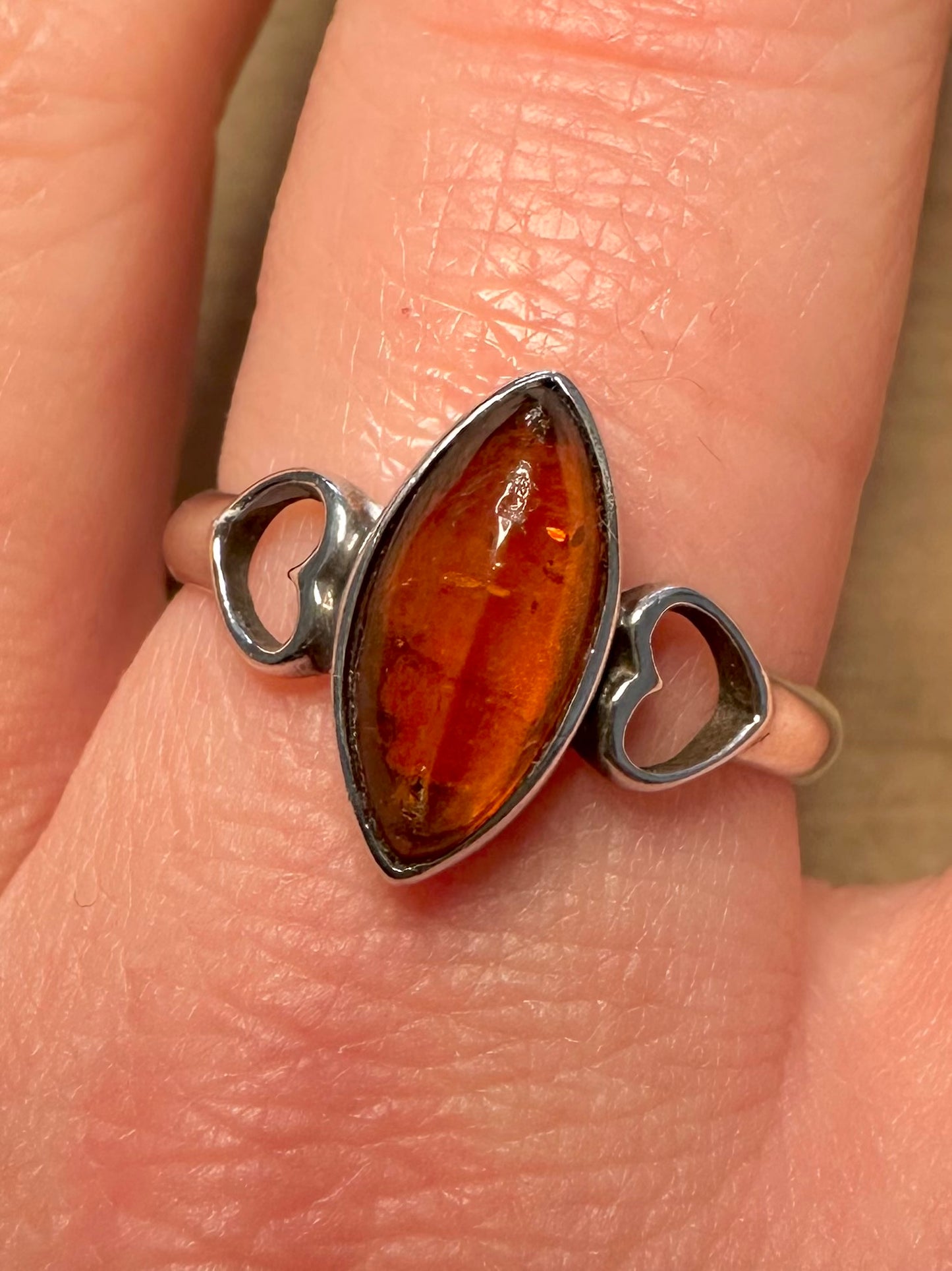 Vintage Amber Heart 925 Silver Size V Ring