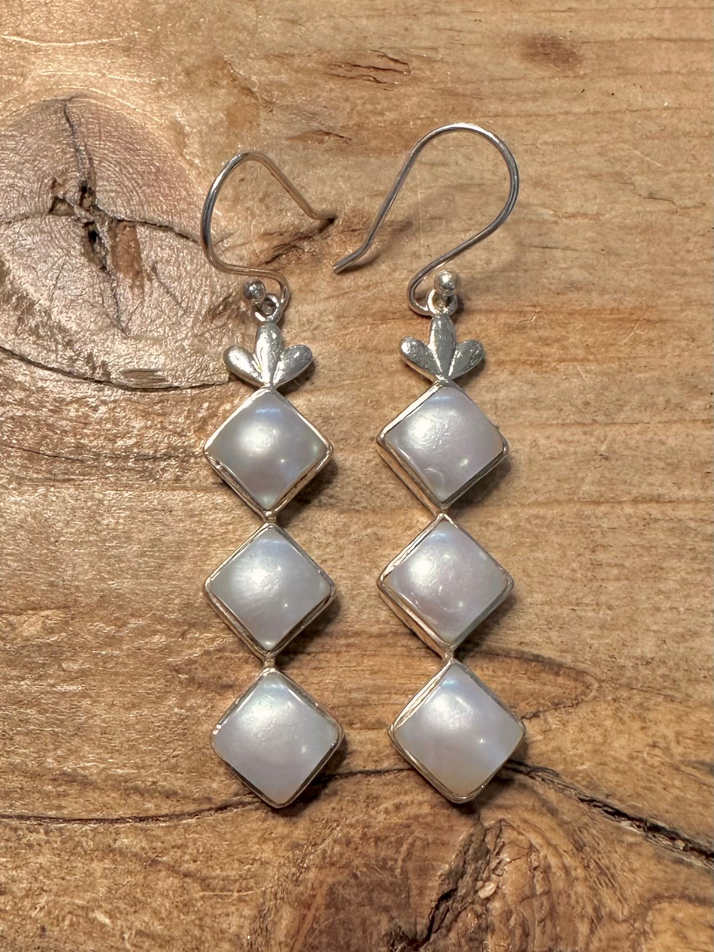 Vintage Pearl Diamond Shaped Dangle 925 Silver Earrings