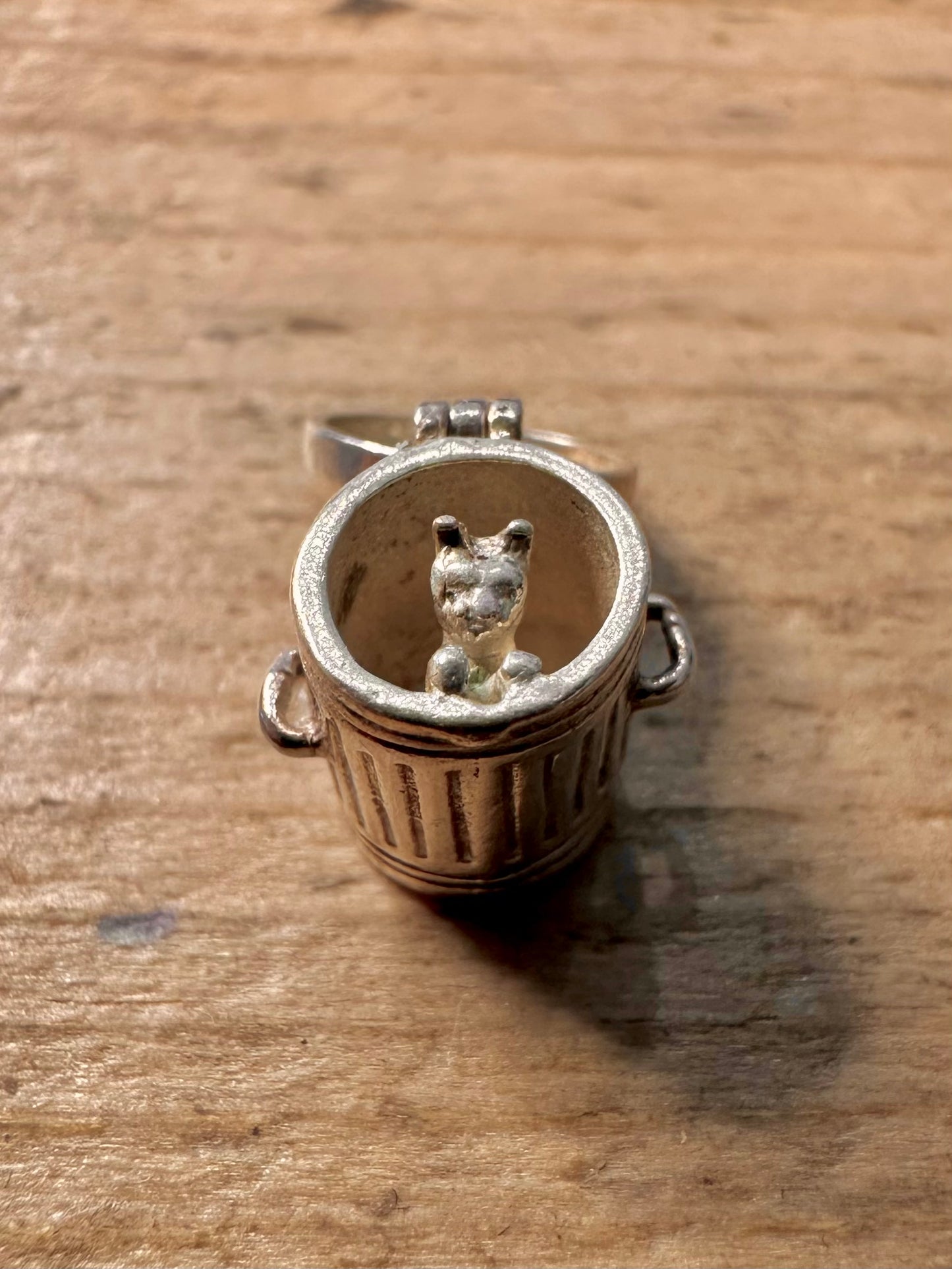 Vintage Bin with Cat Inside 925 Silver Charm Pendant