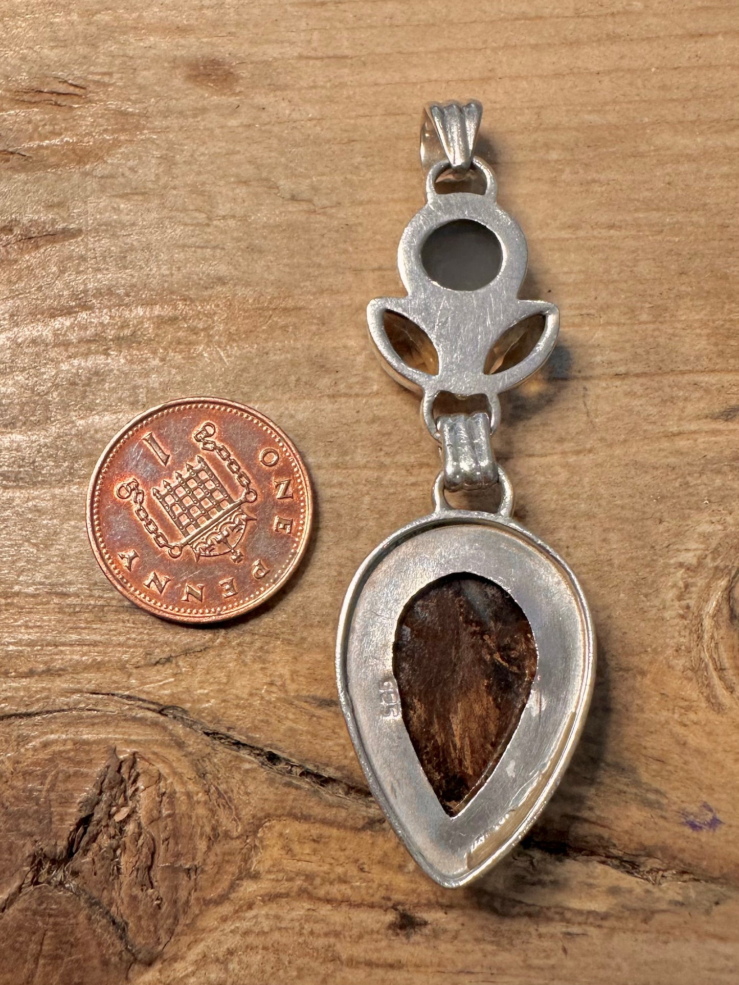 Vintage Brown Agate Druzy Citrine 925 Silver Pendant