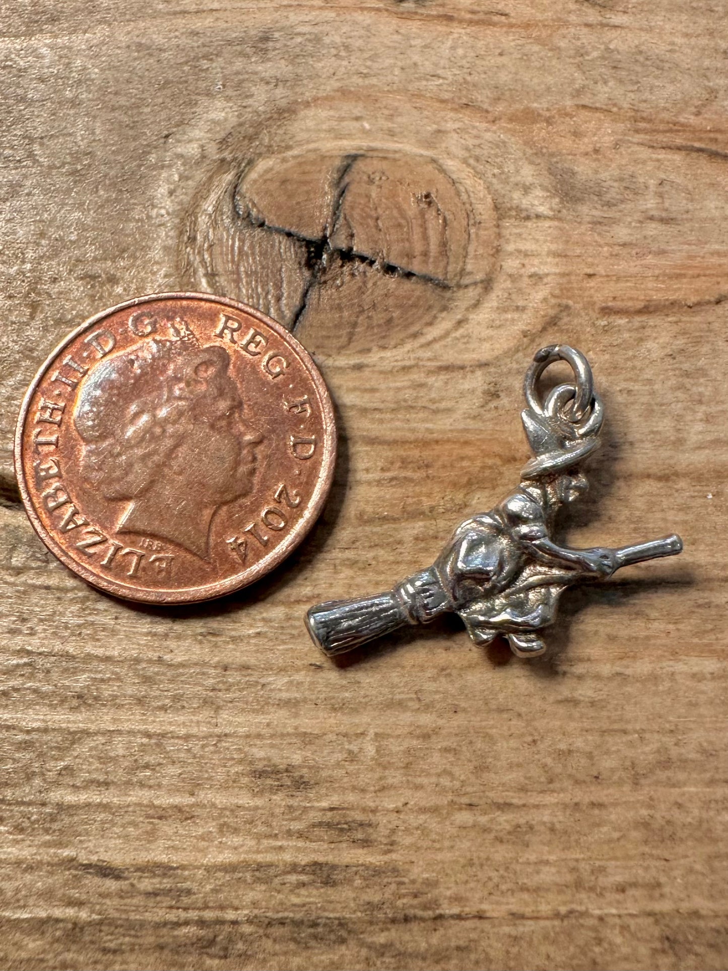 Vintage Witch Riding a Broom 925 Silver Charm Pendant