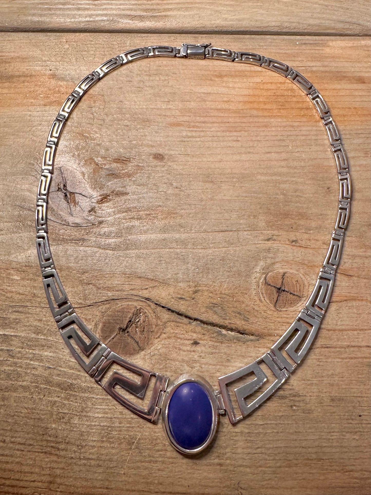 Vintage Lapis Greek Key Style Chain 925 Silver 17 inch Necklace