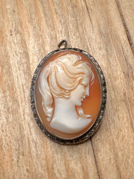 Vintage Cameo Marcasite 800 Silver Brooch Pendant