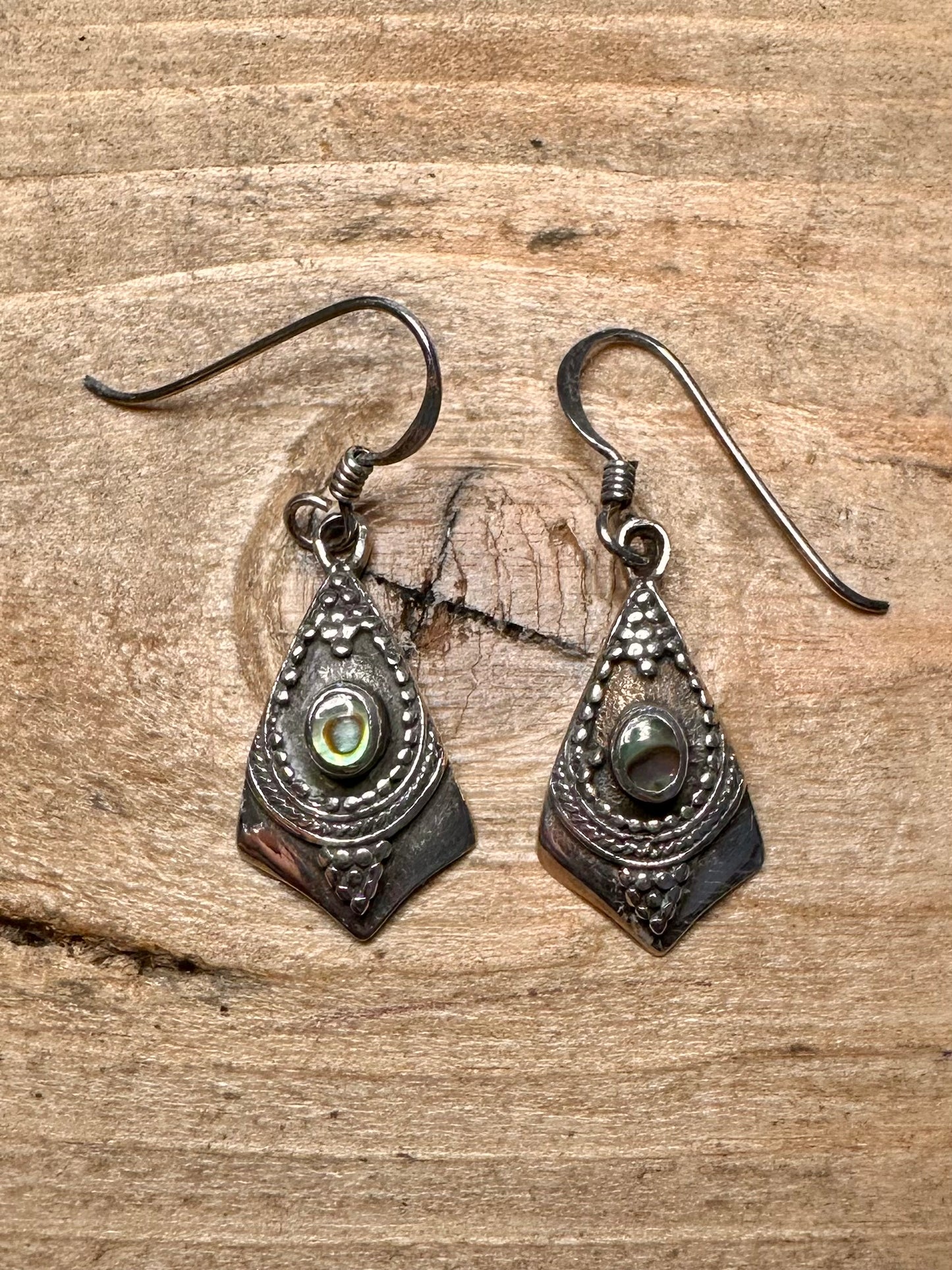 Vintage Abalone Dangle Ornate 925 Silver Earrings