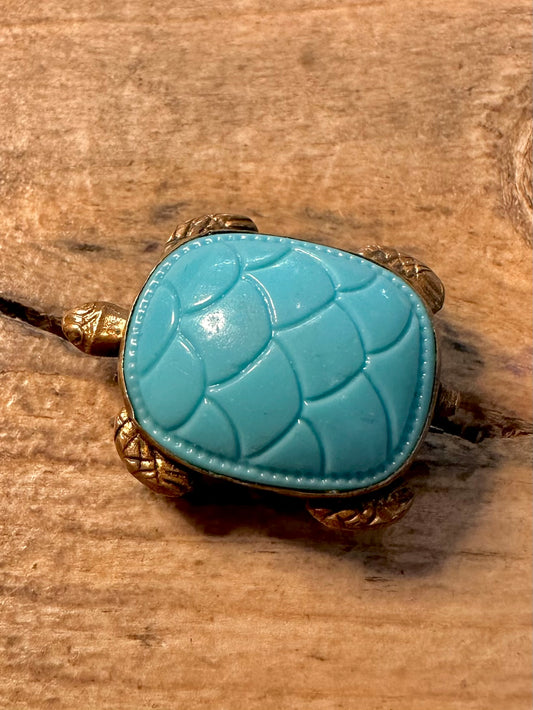 Vintage Blue Stone Turtle Brass Brooch