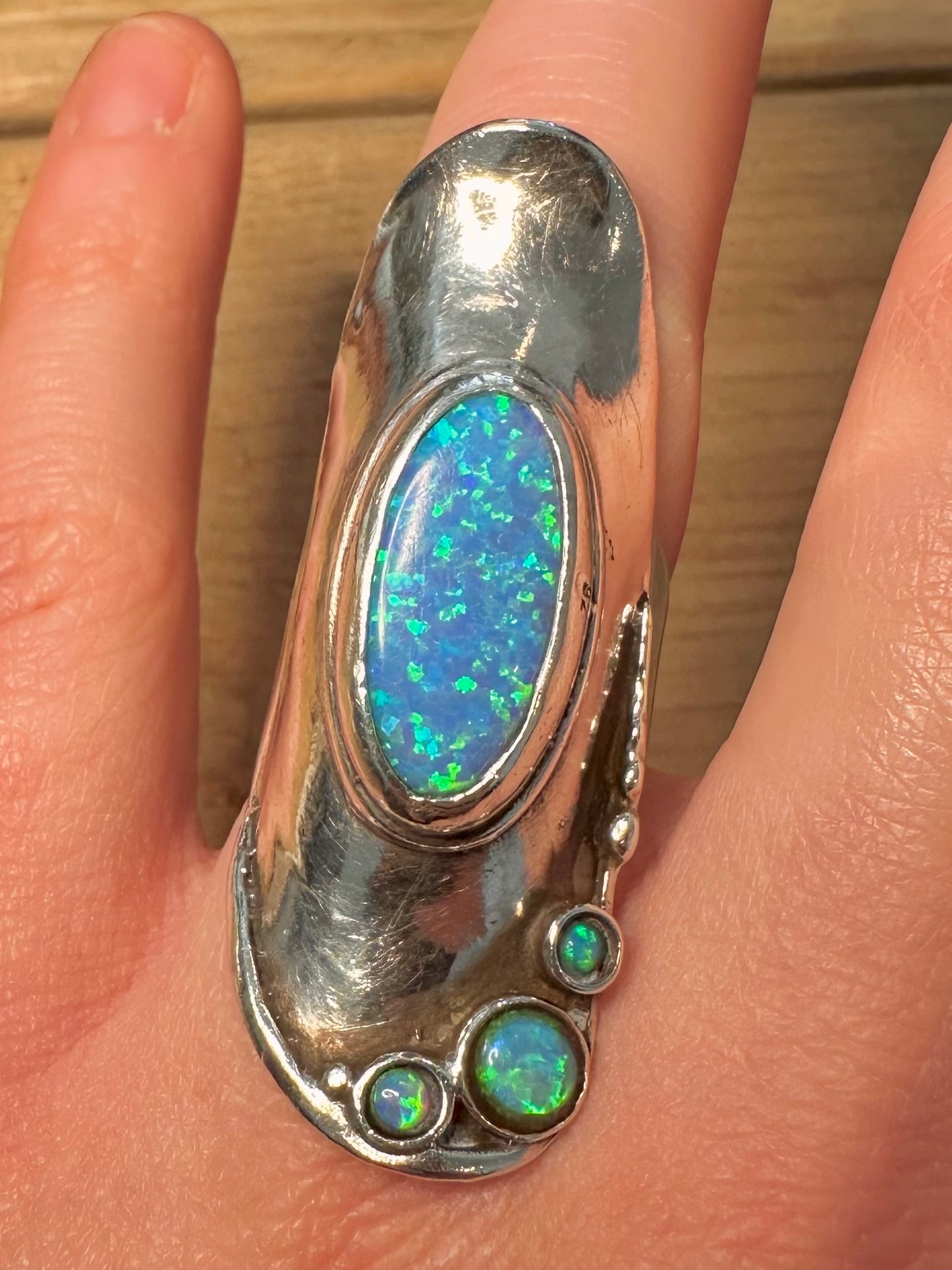 Vintage Blue Opal Long 925 Silver Size O Ring