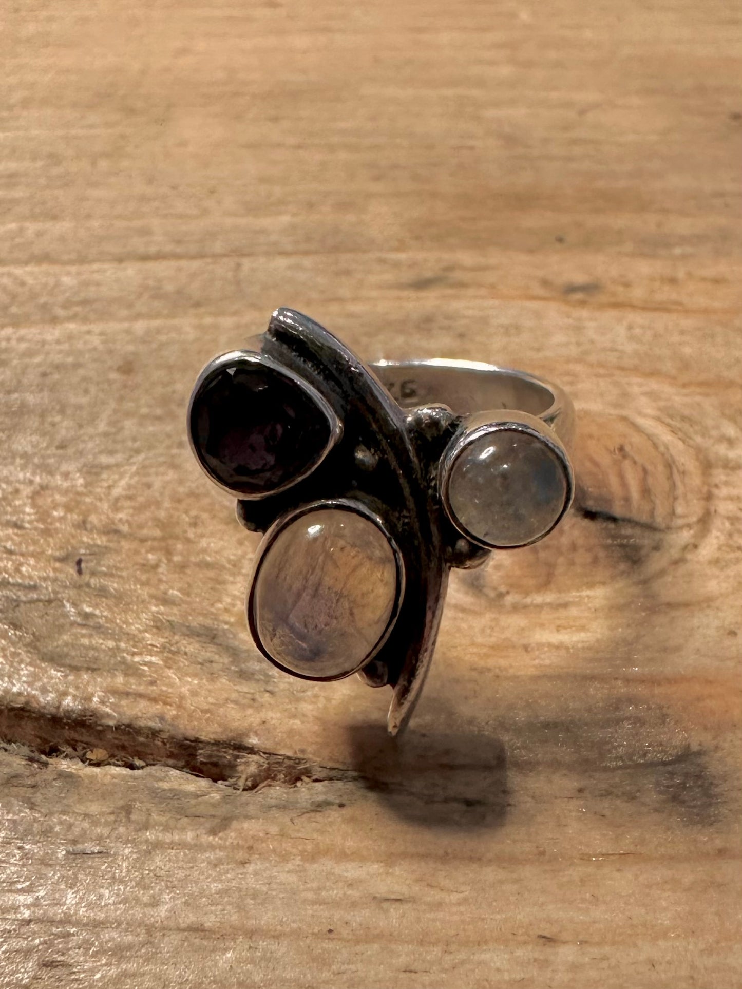 Abstract Moonstone and Black Stone 925 Silver Size M Ring