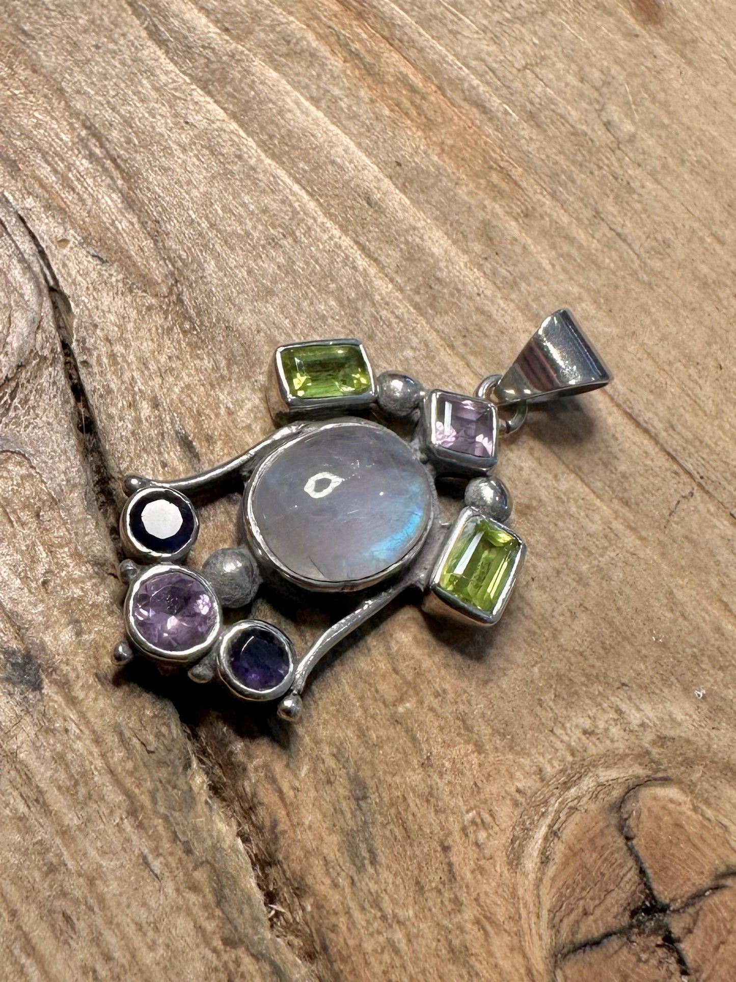 Vintage Moonstone Peridot Amethyst 925 Silver Pendant