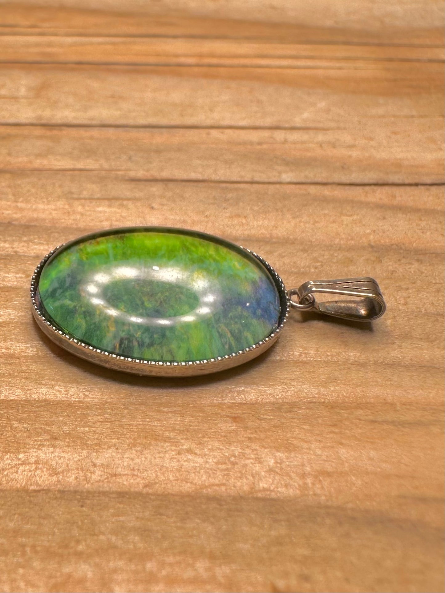 Vintage Green Blue Oval 925 Sterling Silver Pendant