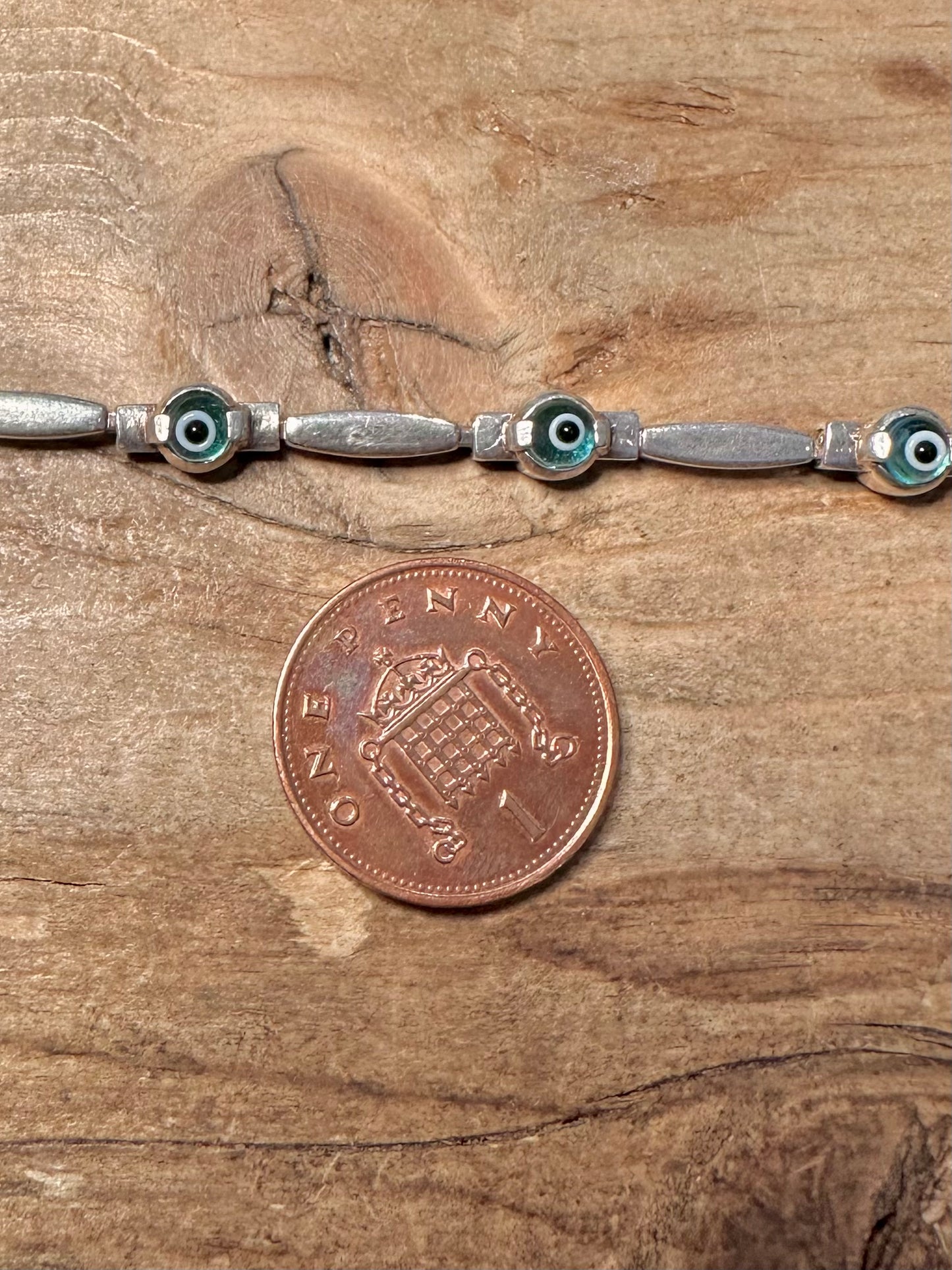 Vintage Evil Eye Bar Link 925 Silver 7.4 inch Bracelet