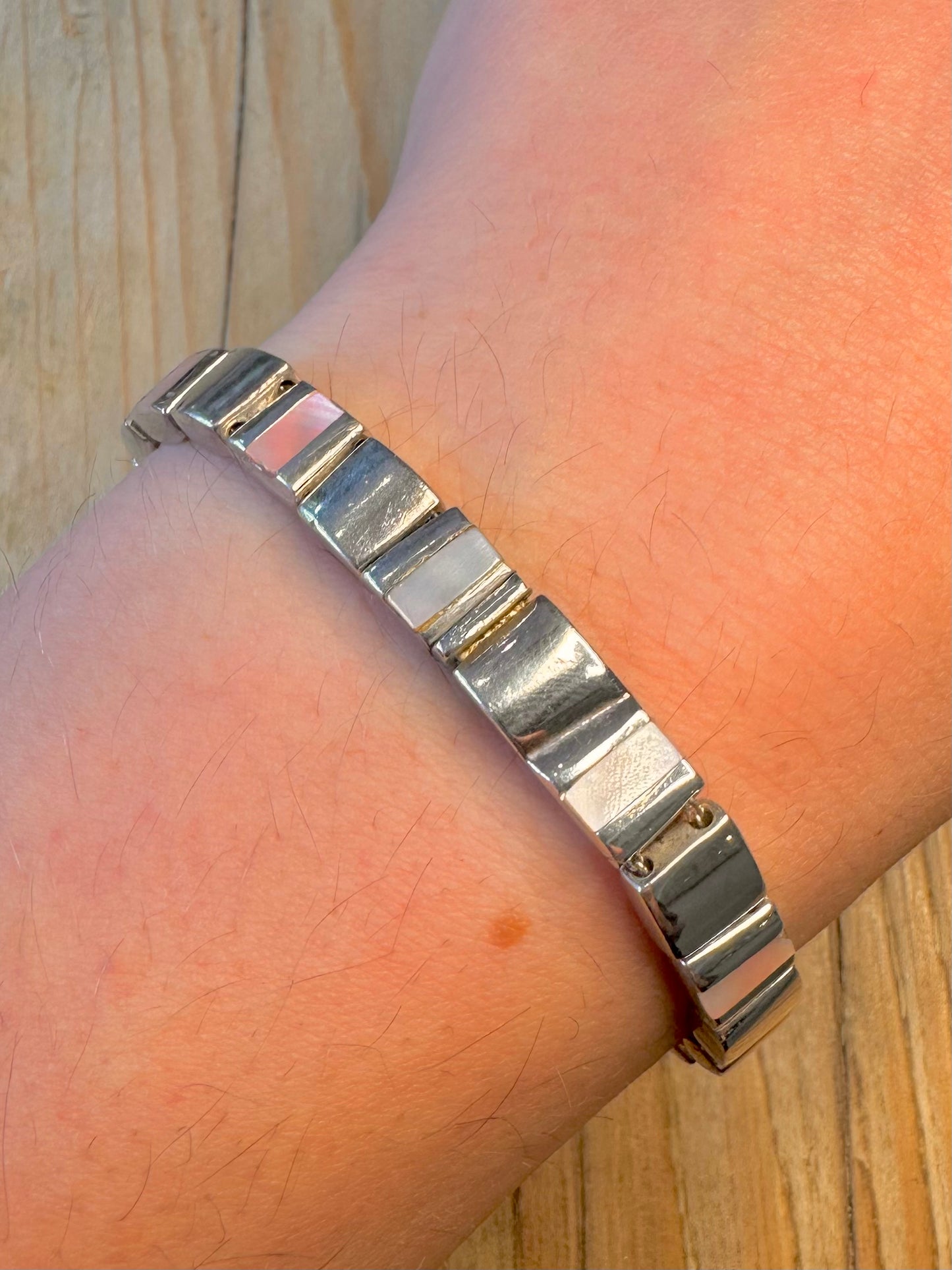 Modernist Heavy Mother of Pearl Bar 925 Sterling Silver 7.5 inch Bracelet